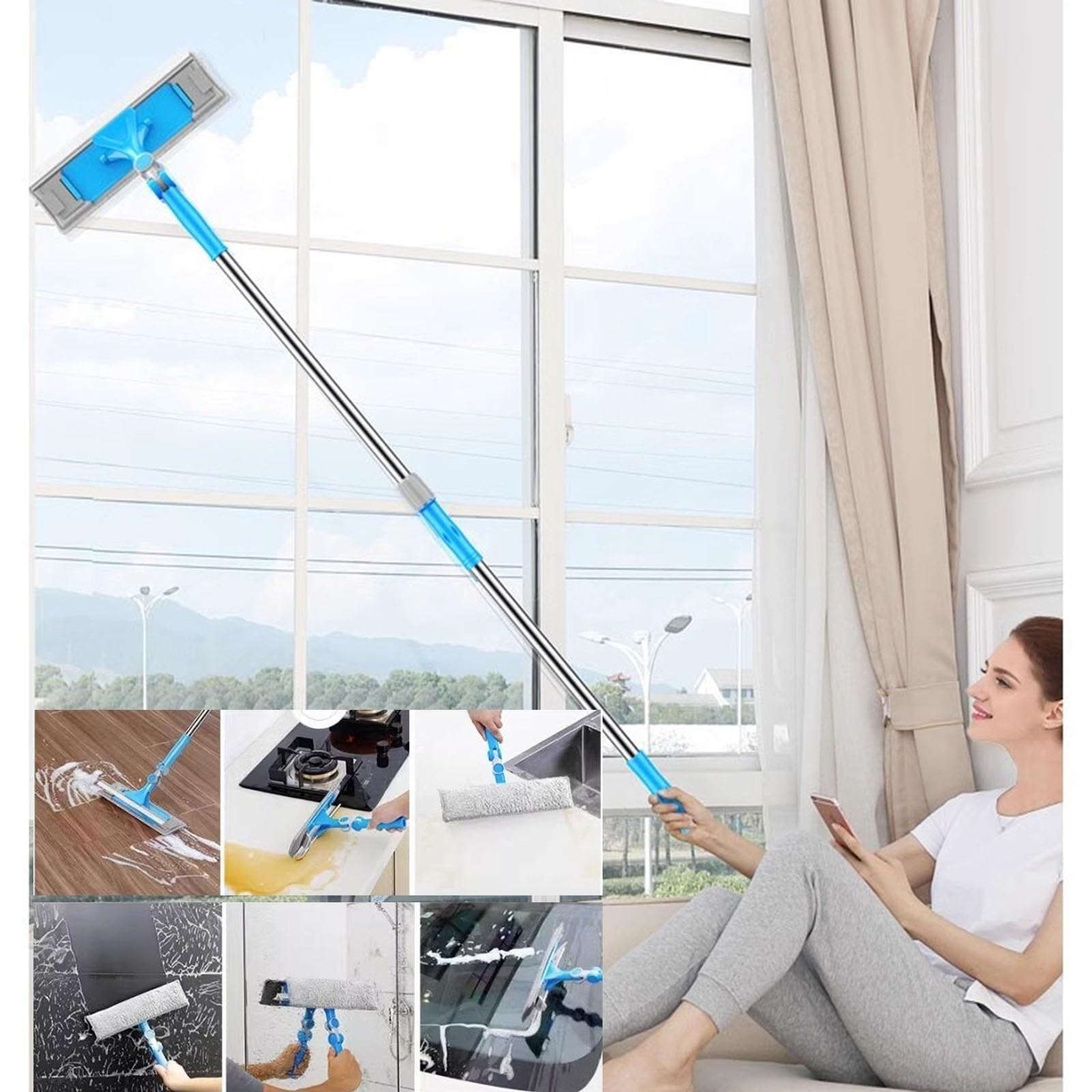 Limpiacristales Limpiador de Ventanas Escobilla de goma profesional para ventanas, rascador giratorio para ventanas con cuchilla de goma, 1.5 1.8 2.15m Equipo de lavado de cristales de ventanas exteri