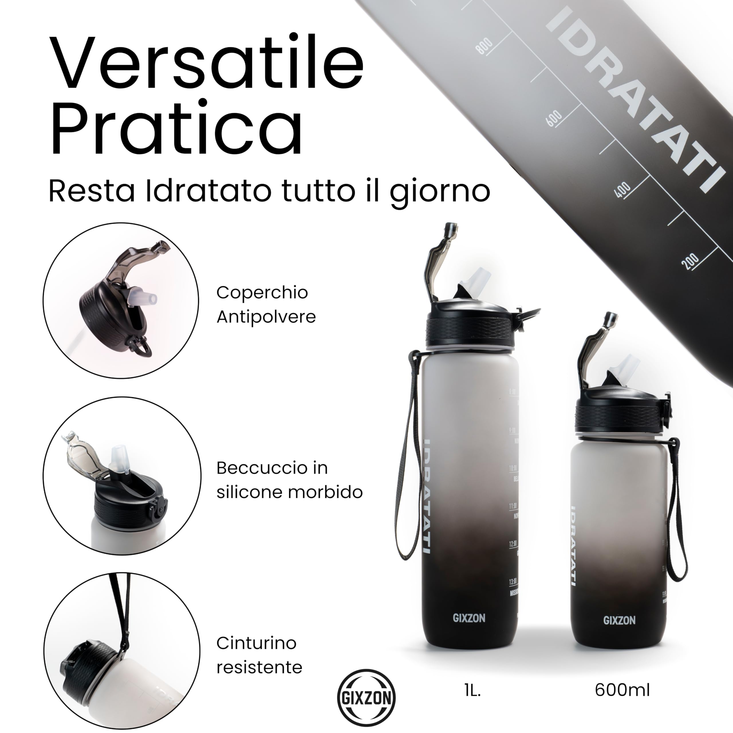 GIXZON Borraccia Motivazionale 600ML in Tritan Senza BPA con Frasi e Orari in Italiano, Cannuccia e Tappo di Sicurezza, Perfetta per Sport, Palestra, Yoga e Scuola