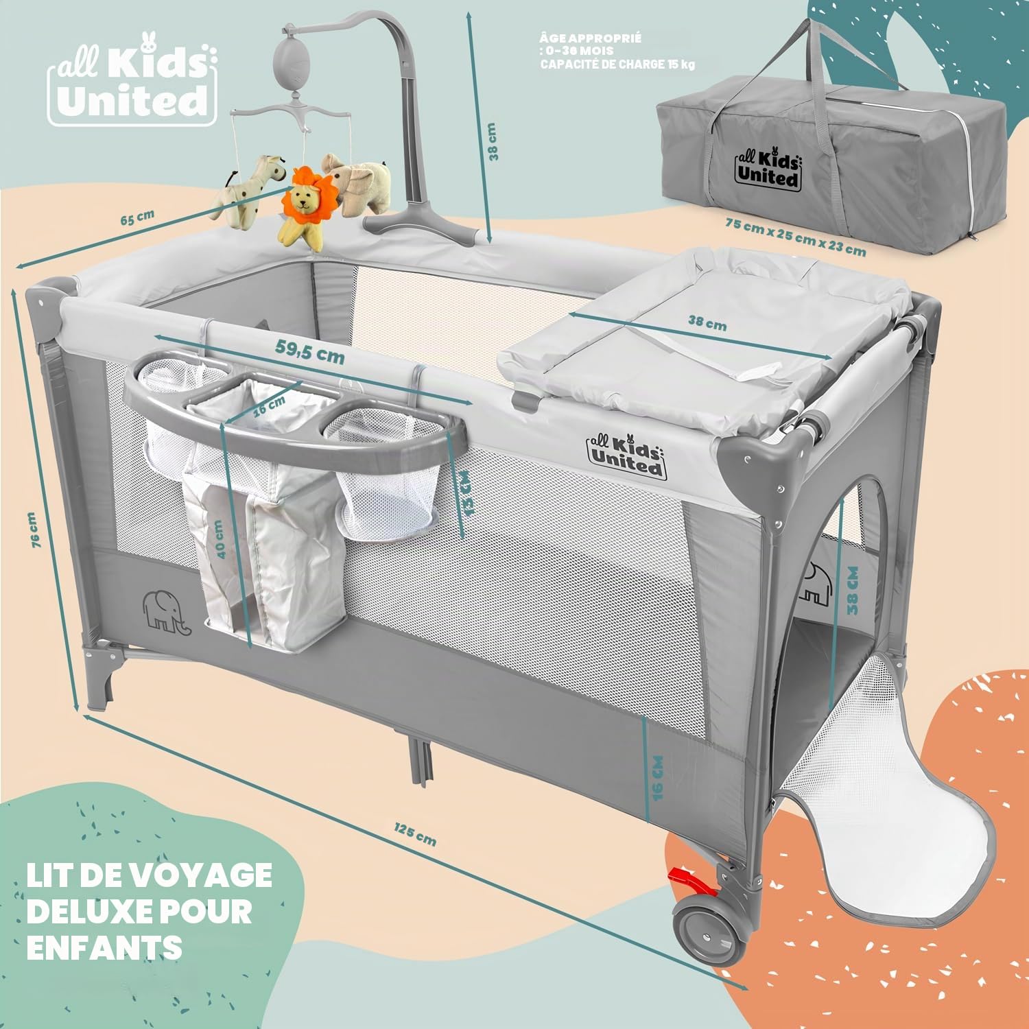 Lit de Voyage pour Bébé Deluxe all Kids United avec Matelas à Langer et Mobile Gris