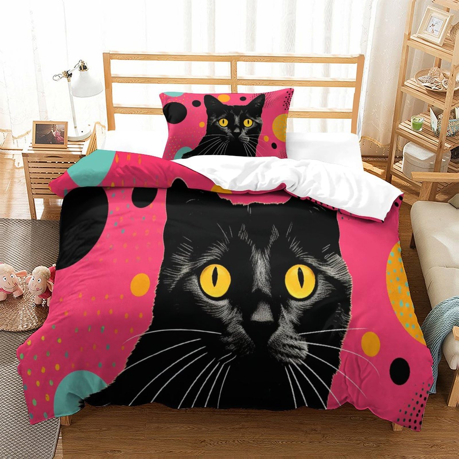 P1S9U7W5Y Colourful 3D Printed Black Cat Duvet Cover Set 3pcs Microfiber Cat Bedding Set Single