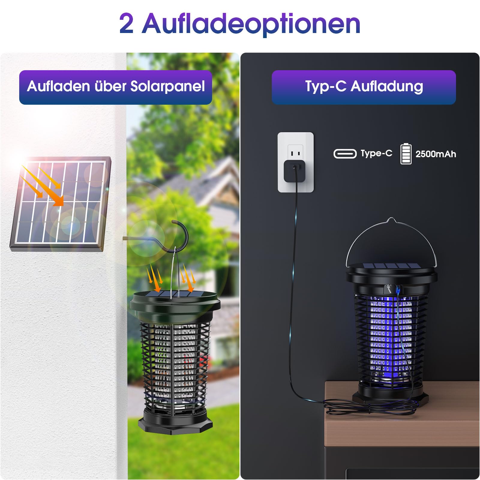 PALONE 4500V Hängbarer Insektenvernichter Elektrisch Solar, Ausgestattet mit Einem Einstellbaren 5,5W/5V-Solarpanel und Einem 3,5m Langen Kabel, Geeignet für den Innen, Garten und Outdoor-Aktivitäten | USB-C Mückenlampe mit Einem Einstellbaren 5,5W/5V-Sol