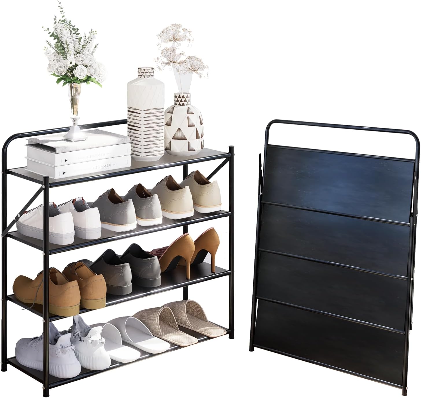 4 Tier No-Assembly Shoe Rack, Foldable Shoes Rack Organizer Without Installation, Portable Solid Metal Shoe Shelves for Closet, Entryway, Front Door Entrance
