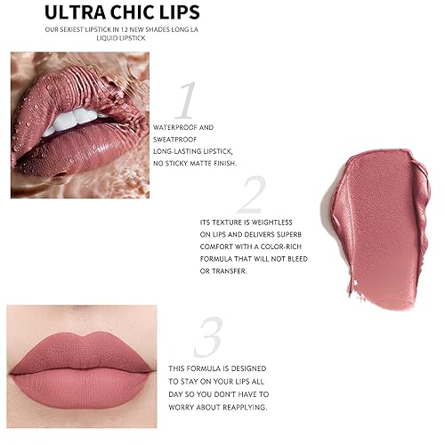 Miniatura 3 de MYUANGO Lápiz labial mate de terciopelo de 12 colores, líquido duradero, antiadherente, no se decolora, impermeable, juego de brillo labial con