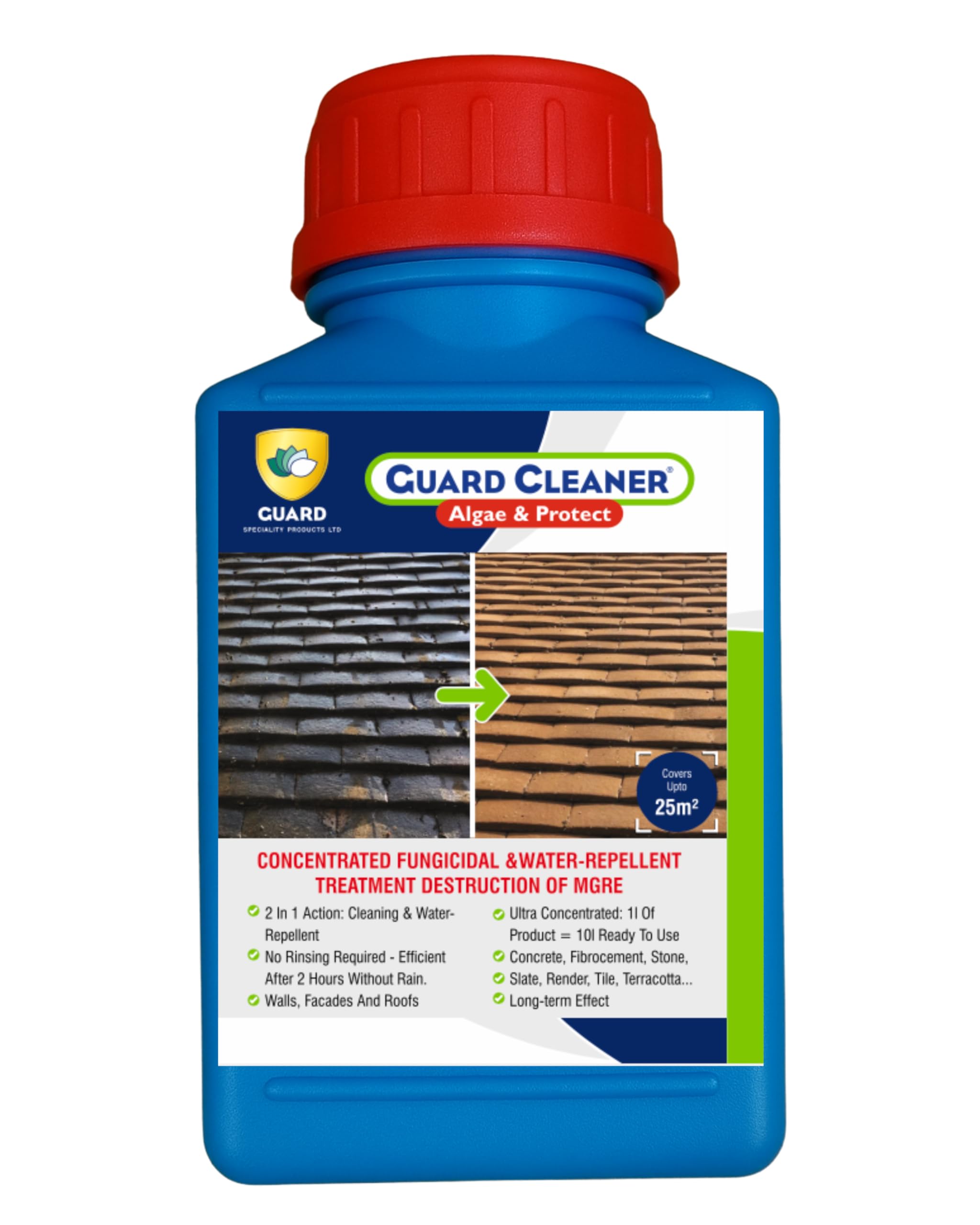 Guard Cleaner Algae & Protect Dual-Action Moss Remover and Water Protection for Terracotta, Concrete, Tiles - Concentrated Formula-Roof, Terrace Green Deposit Cleaner-No Rinsing-500ml Treats 25 m²-image-19