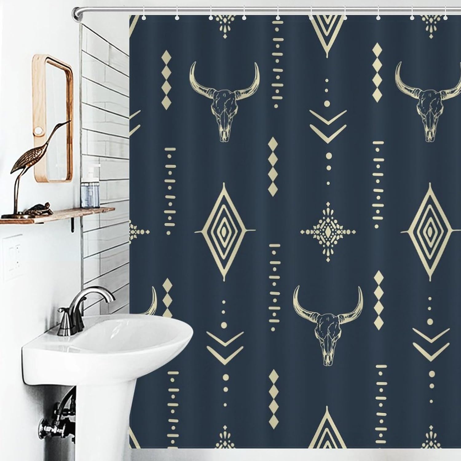 Western Shower Curtain Bull Skull Boho Aesthetic Aztec Navy Blue Abstract Art Print Waterproof Bath Curtain for Bathroom Decor with 12 Hooks 72x72 Inch