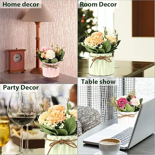 Miniatura 7 de Ramo de hortensias artificiales con pequeño jarrón de cerámica, variedad de bolas de flores de seda falsa, decoración para mesa, hogar, fiesta,