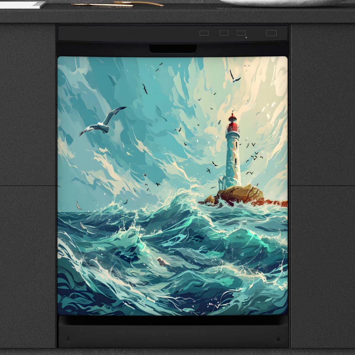 Lighthouse Ocean Seagull Dishwasher Magnet Cover Reusable Decorative Magnetic Door Cover Dishwasher Covers for The Front Magnetic Kitchen Refrigerator Appliance Decor 23 x 26 Inches