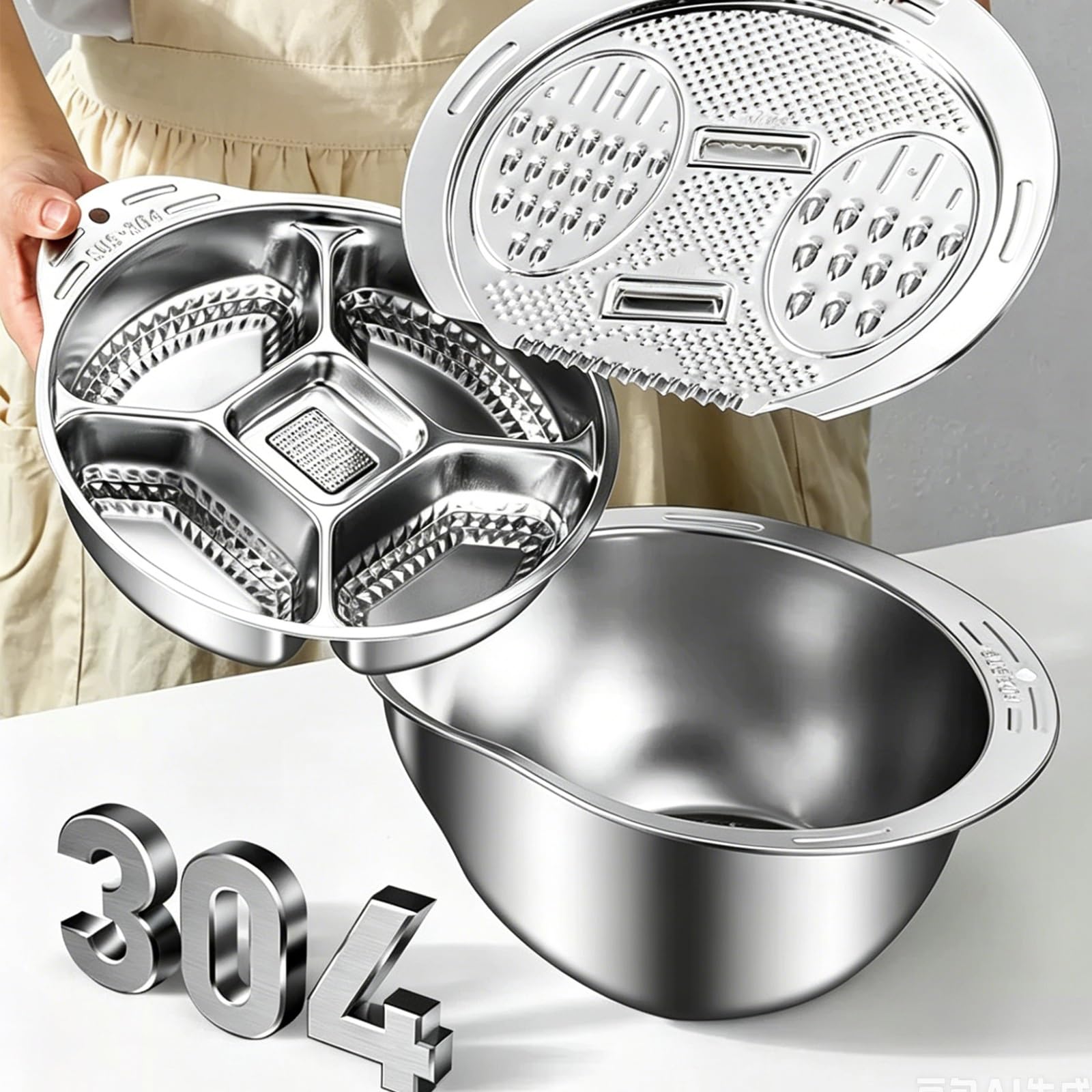 Mandolina de Cocina Profesional Cortador de Verdura con Tapa Ralladora, Proceso Estampado una Sola Pieza, Fácil Limpiar, con Bandeja Divisoria 4 Compartimentos