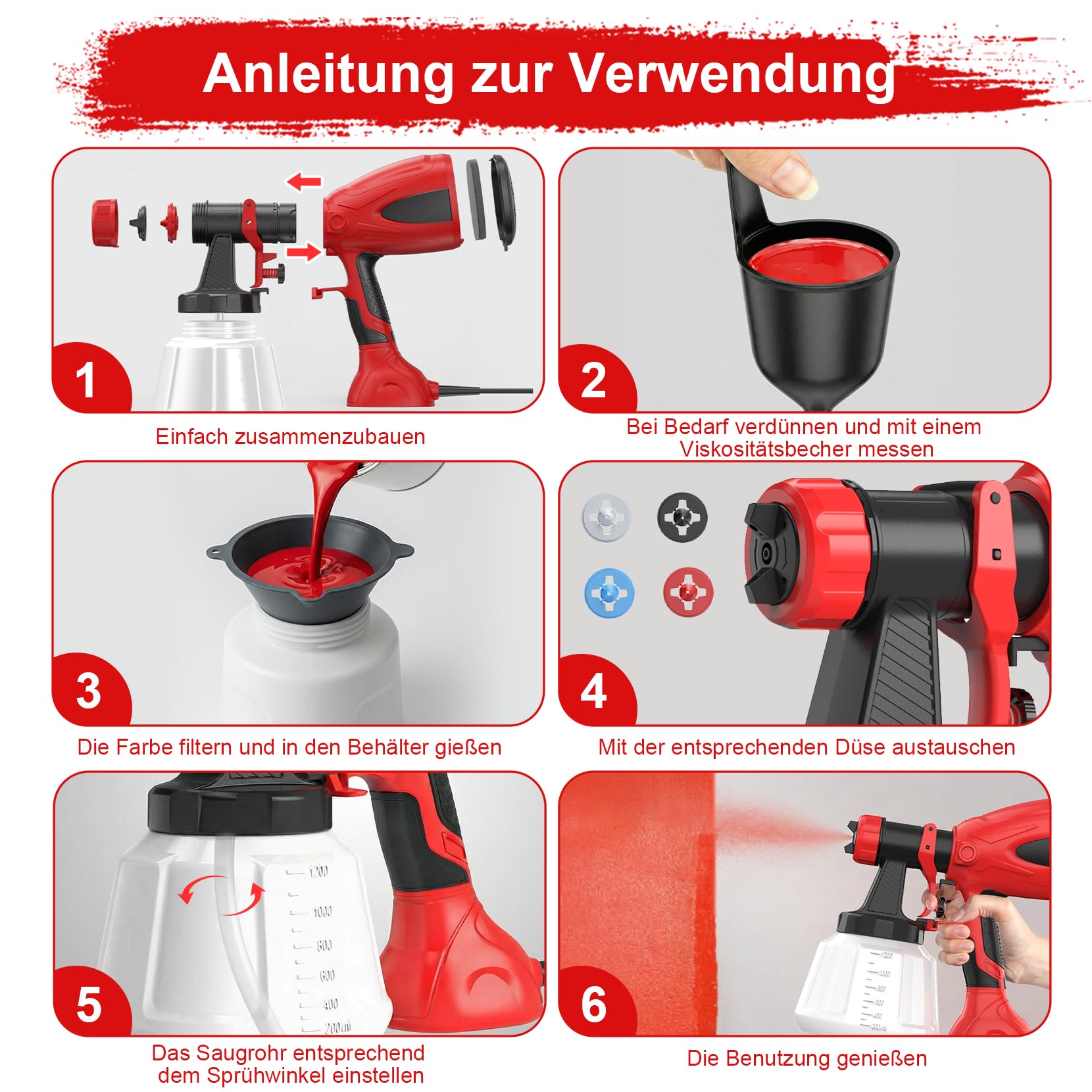 Farbsprühsystem, 650W Lackierpistole, Farbsprühsystem Wandfarbe 1200ML Behälter, 4 Düsen & 3 Sprühmuster, Farbsprühgerät mit Reinigungsbürste & Viskositätsbecher, Farbspritzpistole für Möbel,Zaun,DIY