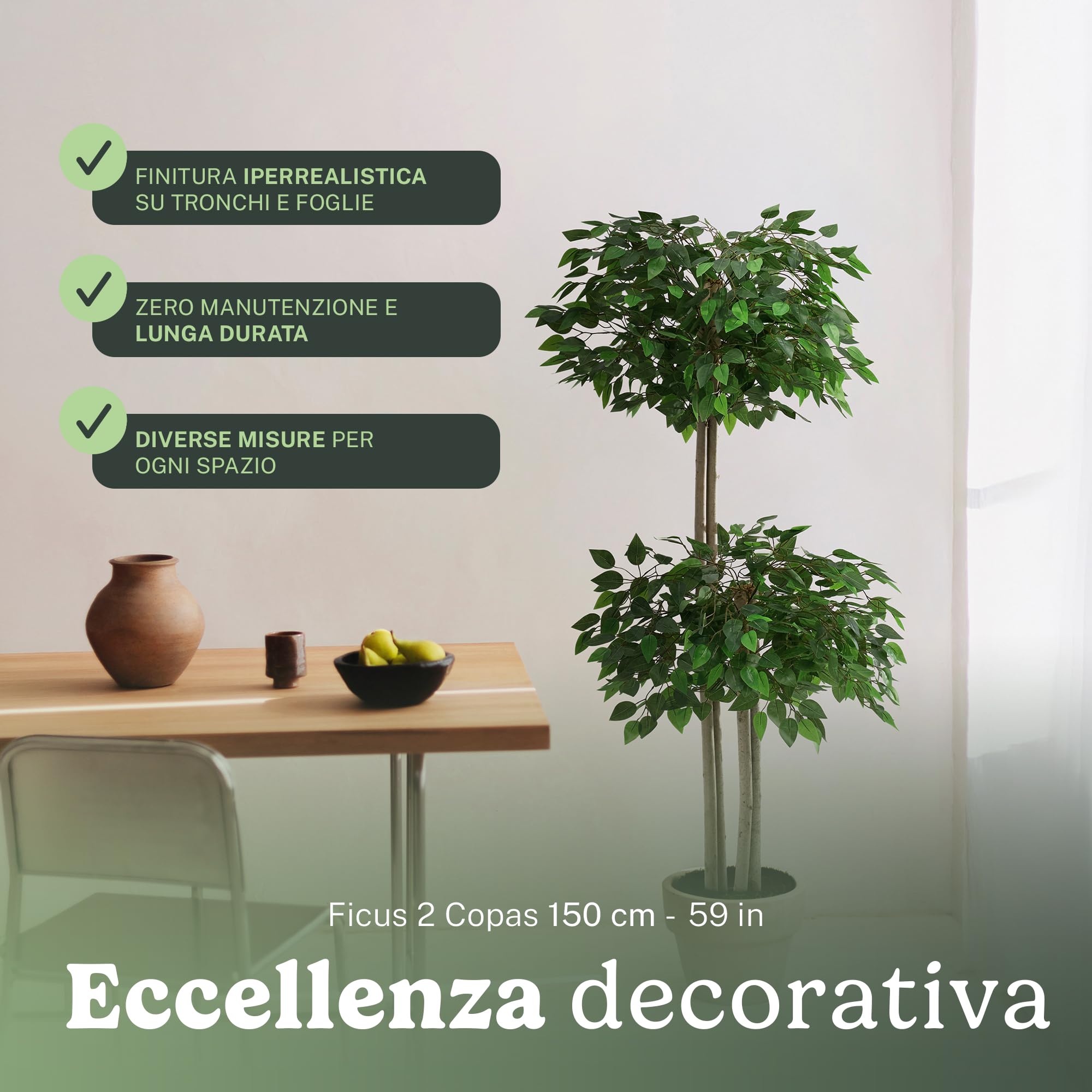 Piante Finte da Interno - Ficus Artificiale, 150 x 60 cm con 2 Chiome di Foglie, Albero Artificiale con Vaso in Plastica, Decorazioni Casa