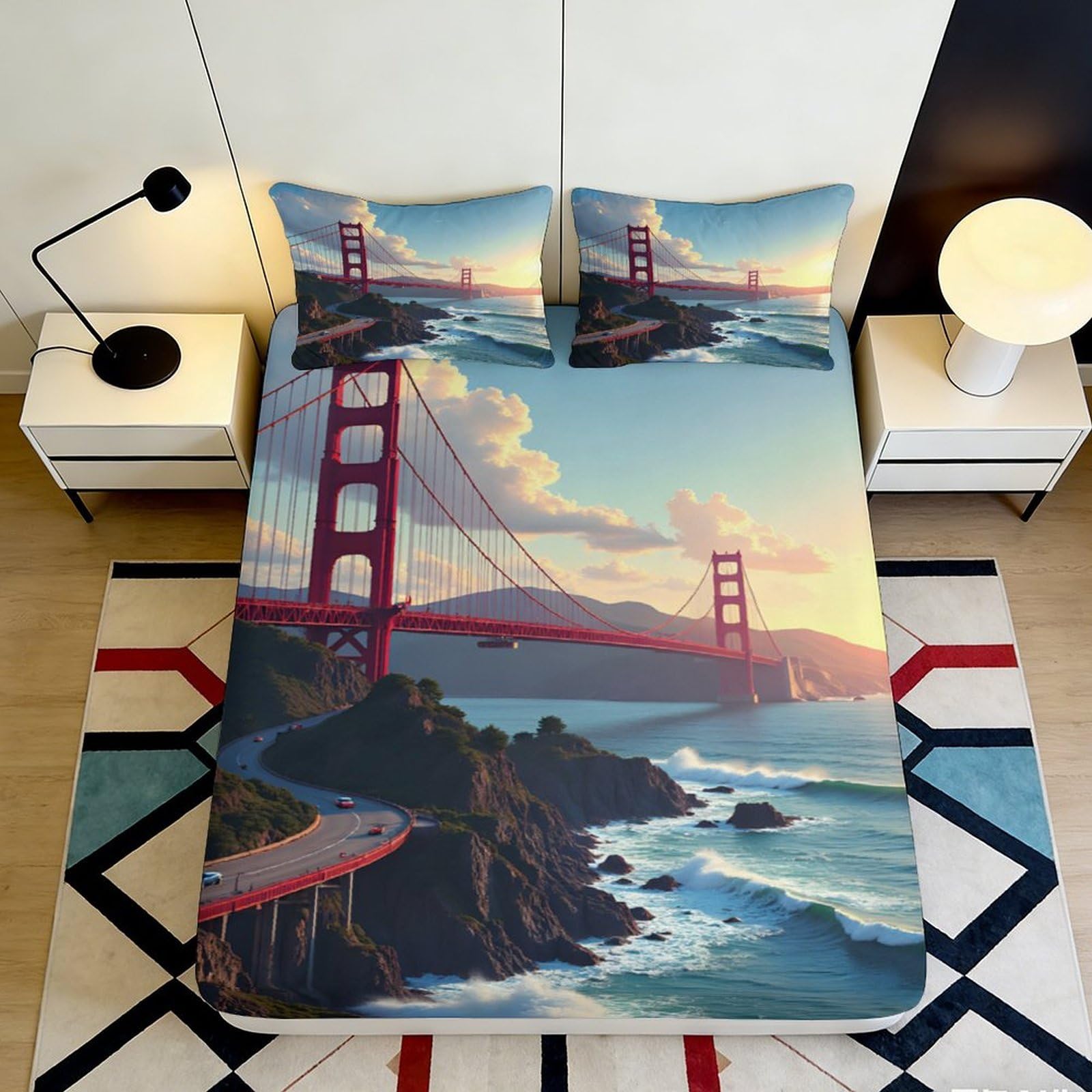 3D Printed Golden Gate Bridge Fitted Sheet Microfiber Scenic Ocean Sunset Bed Cover for Bedroom Guest Room Decor 90x200x25cm