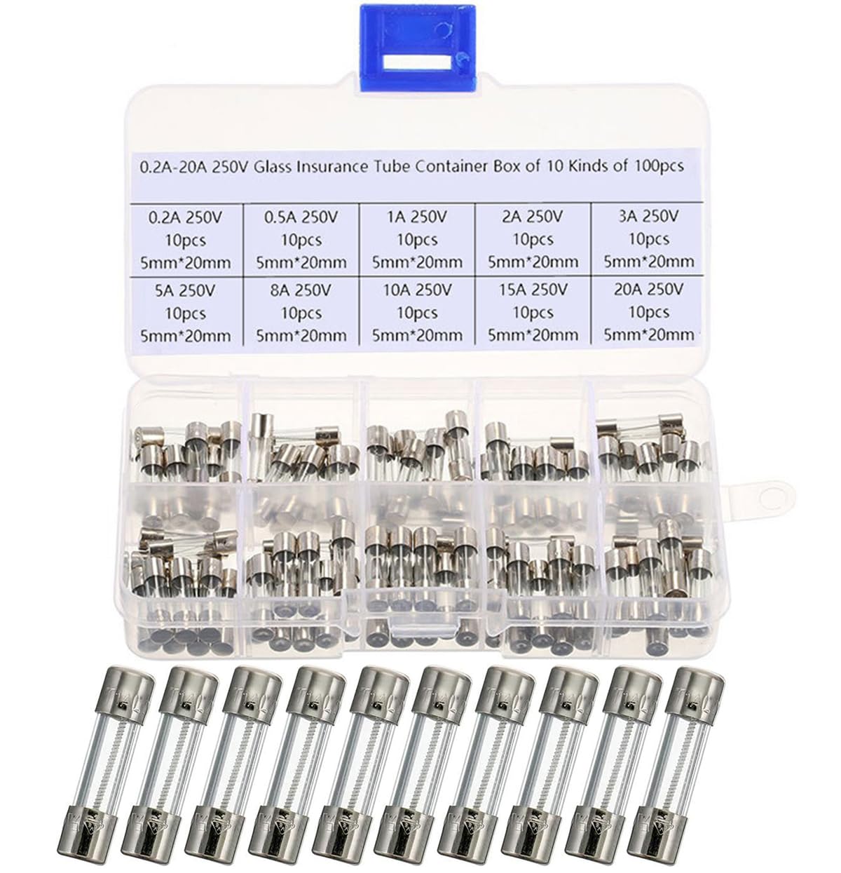 100 pcs 5x20mm Fast Blow Glass Fuses Assorted Kit,(0.5A-20A) with Transparent Storage Box,for Automotive, Car, Home Electrical Equipment Protection DIY Repairs