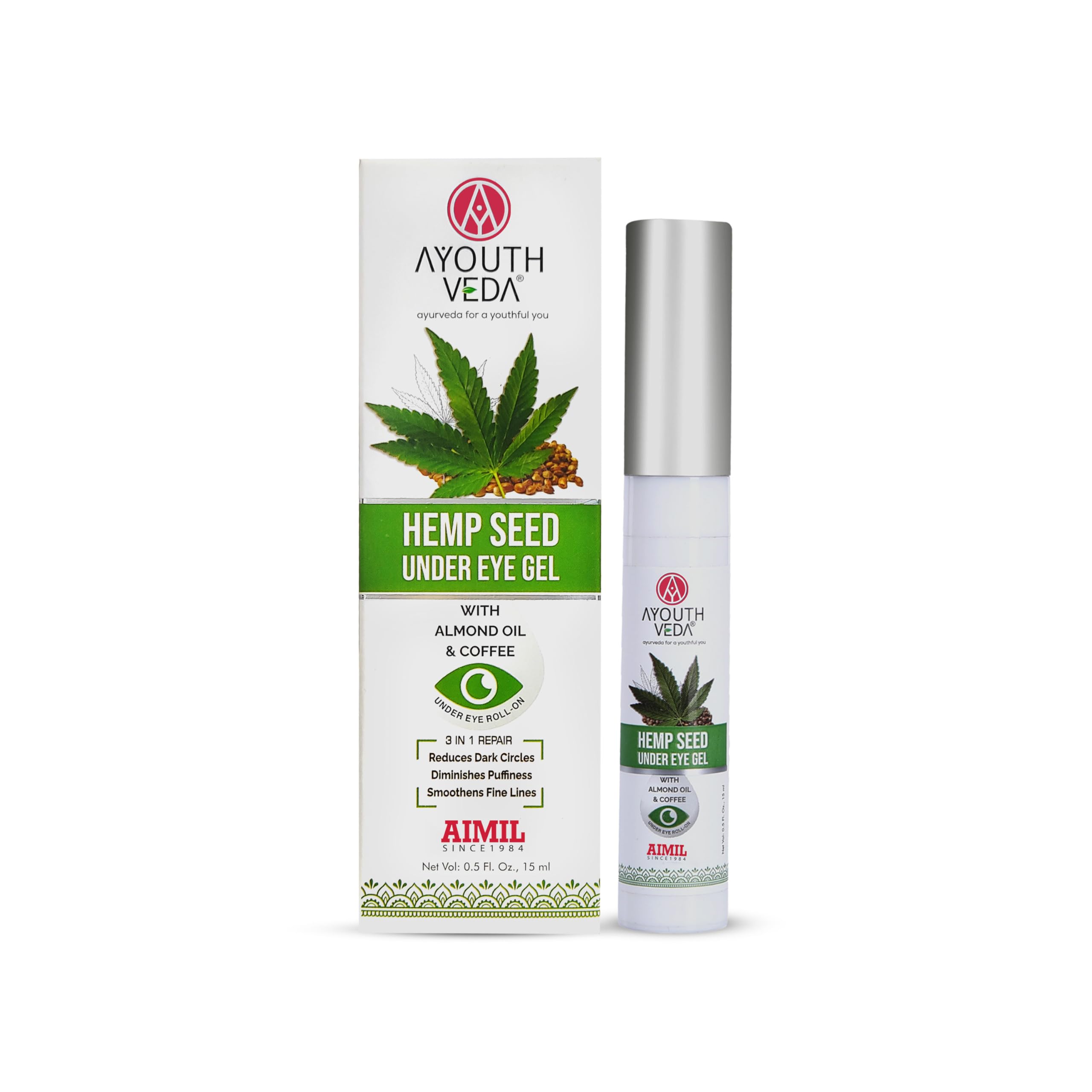 Ayouthveda Hemp Seed Under Eye Gel with Cooling Massage Roller|For Puffy Eyes, Dark Circles, Wrinkles & Fine Lines|With Hemp Seed Oil, Almond oil & Coffee| (Pack of 1;15ml)-image-1