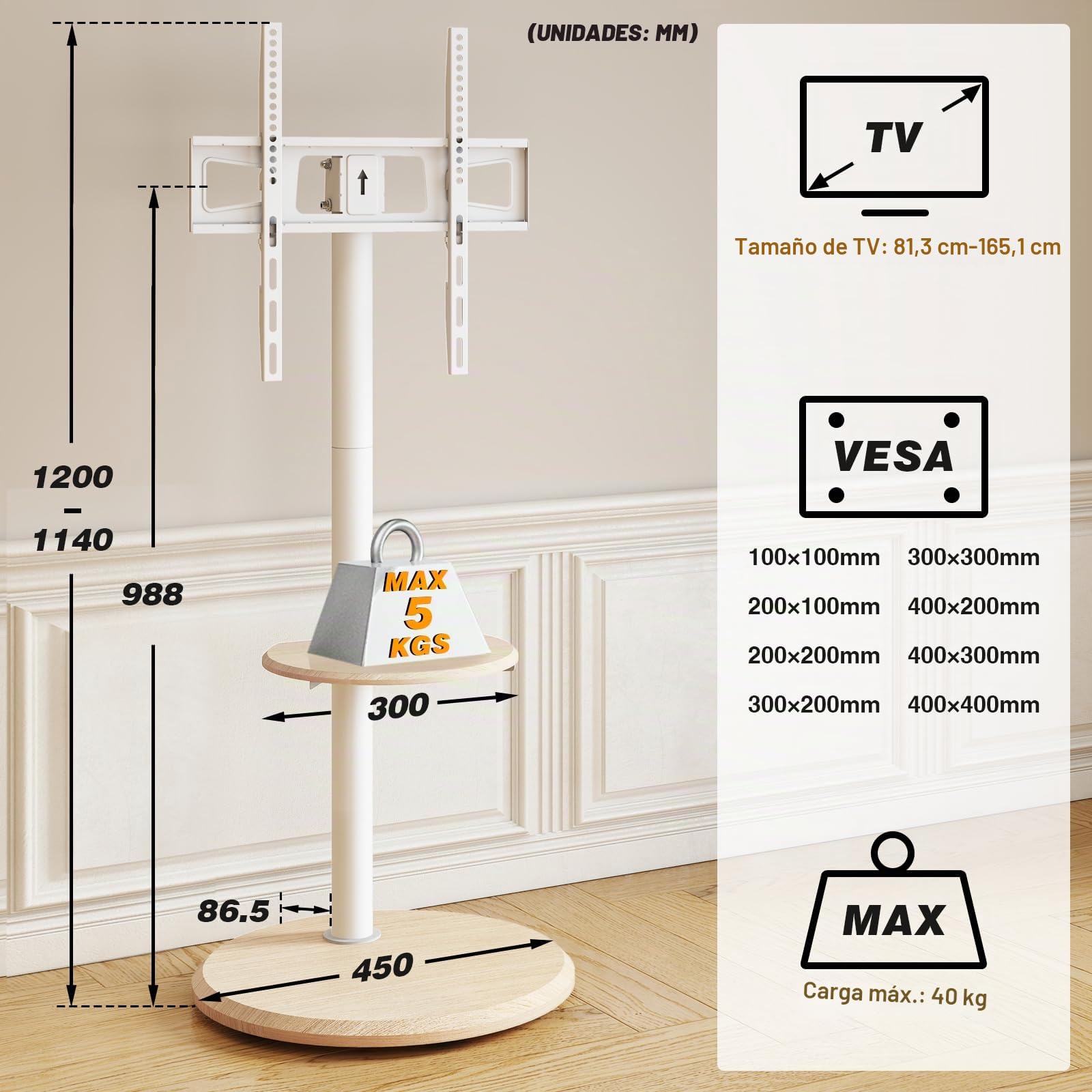 RFIVER Soporte TV de Pie para 32-65 Pulgadas, Soporte TV Móvil Blanco con Ruedas Ocultas y Estante de Madera, Altura Ajustable e Inclinable, hasta 40 kg, VESA 400x400mm
