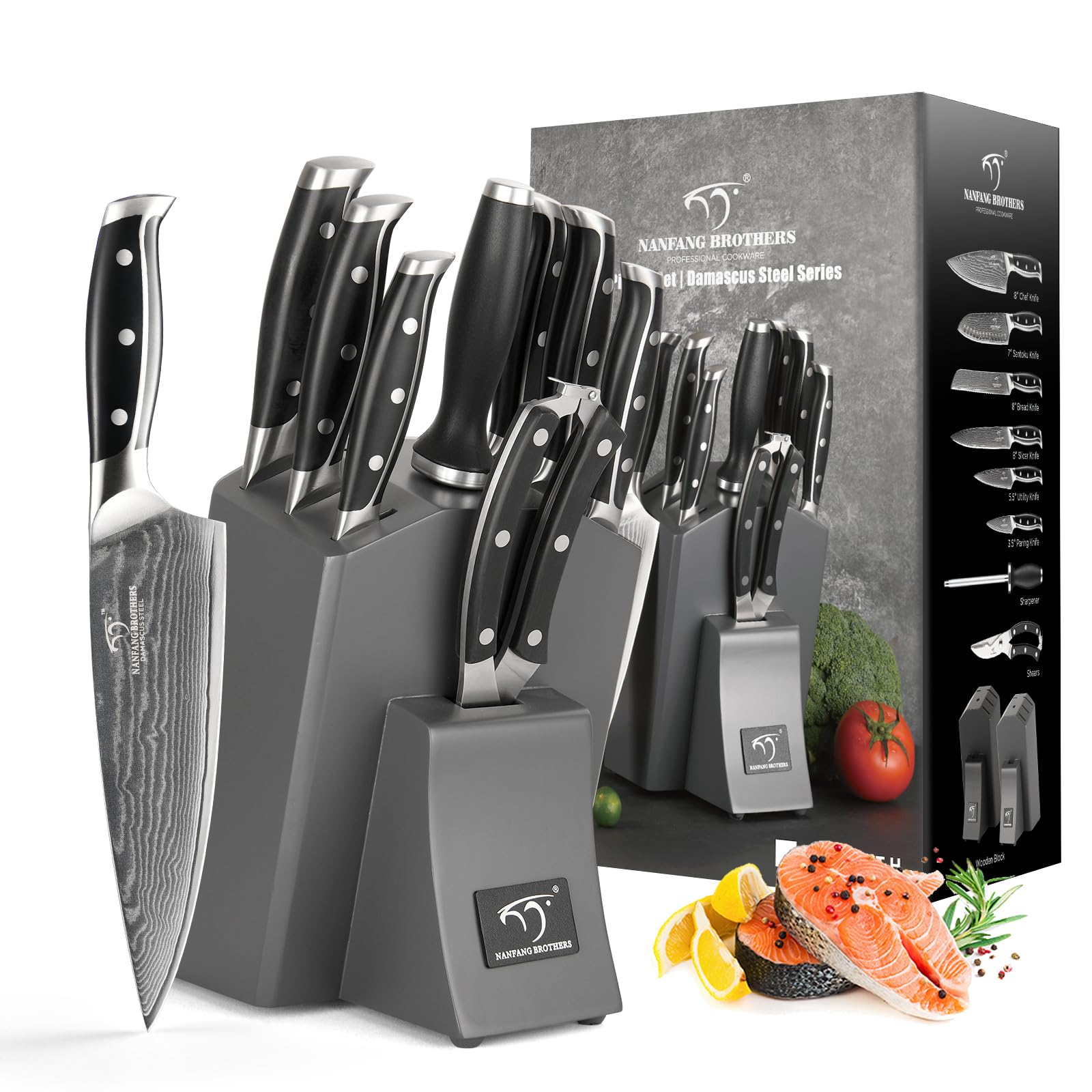 Professionelles Japanisches Damaszener Stahl Küchenmesser Set 9 Teile mit Holzblock, beinhaltet Kochmesser, Brotmesser, Santoku Messer, Allzweck- und Schälmesser, alle in einer Geschenkbox Grau