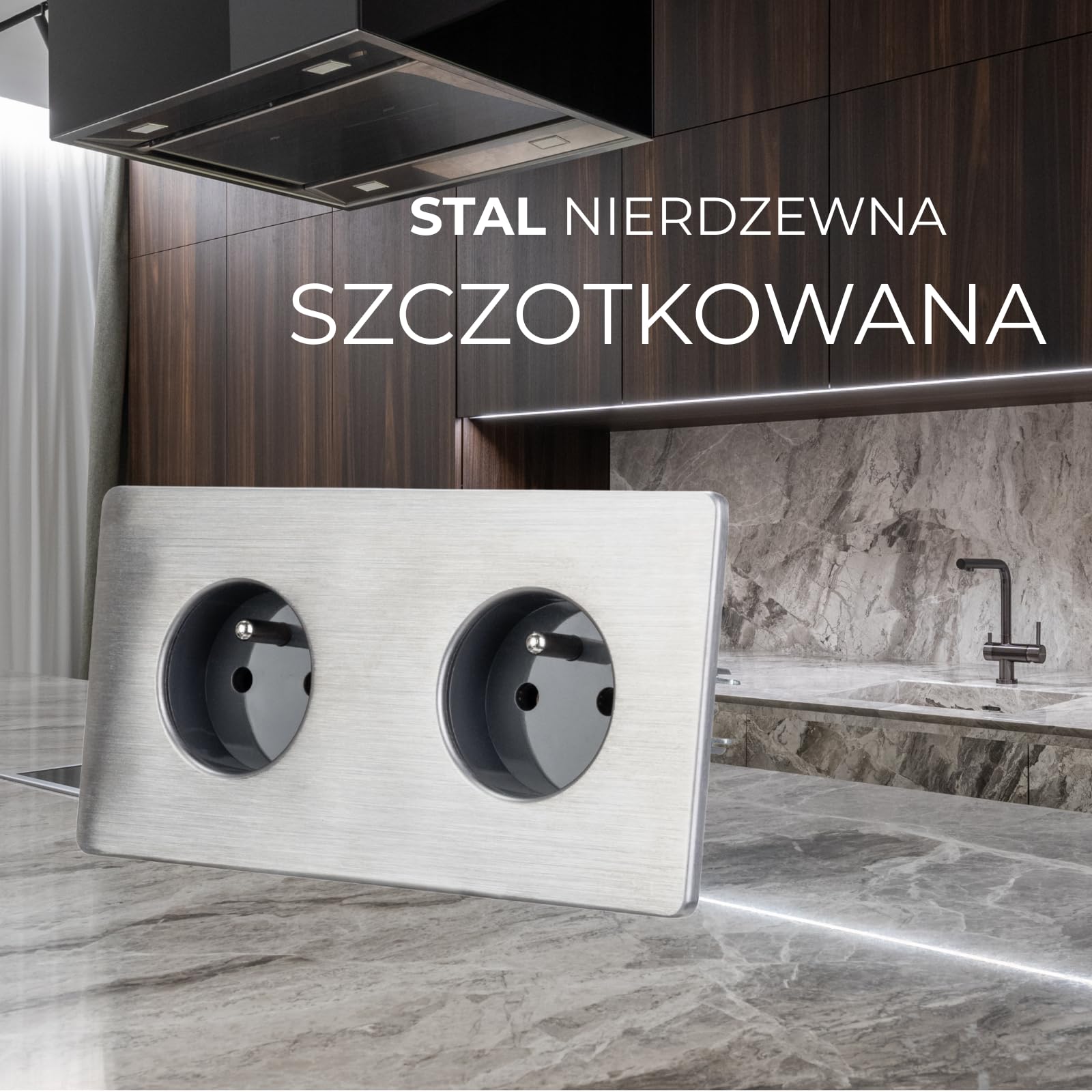Gniazdko Elektryczne Podwójne Szare Stal Szczotkowana PREMIUM