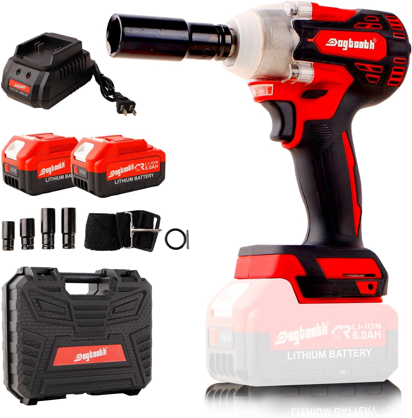 dogtooth 21V Cordless Impact Wrench 1/2 Inch, Compatible with Makita 18V Battery, Max Torque 580 N.M, Brushless Motor, Max 3200 RPM, 4 Sockets, 1 * 6.0 Ah Battery and Charger in Kit