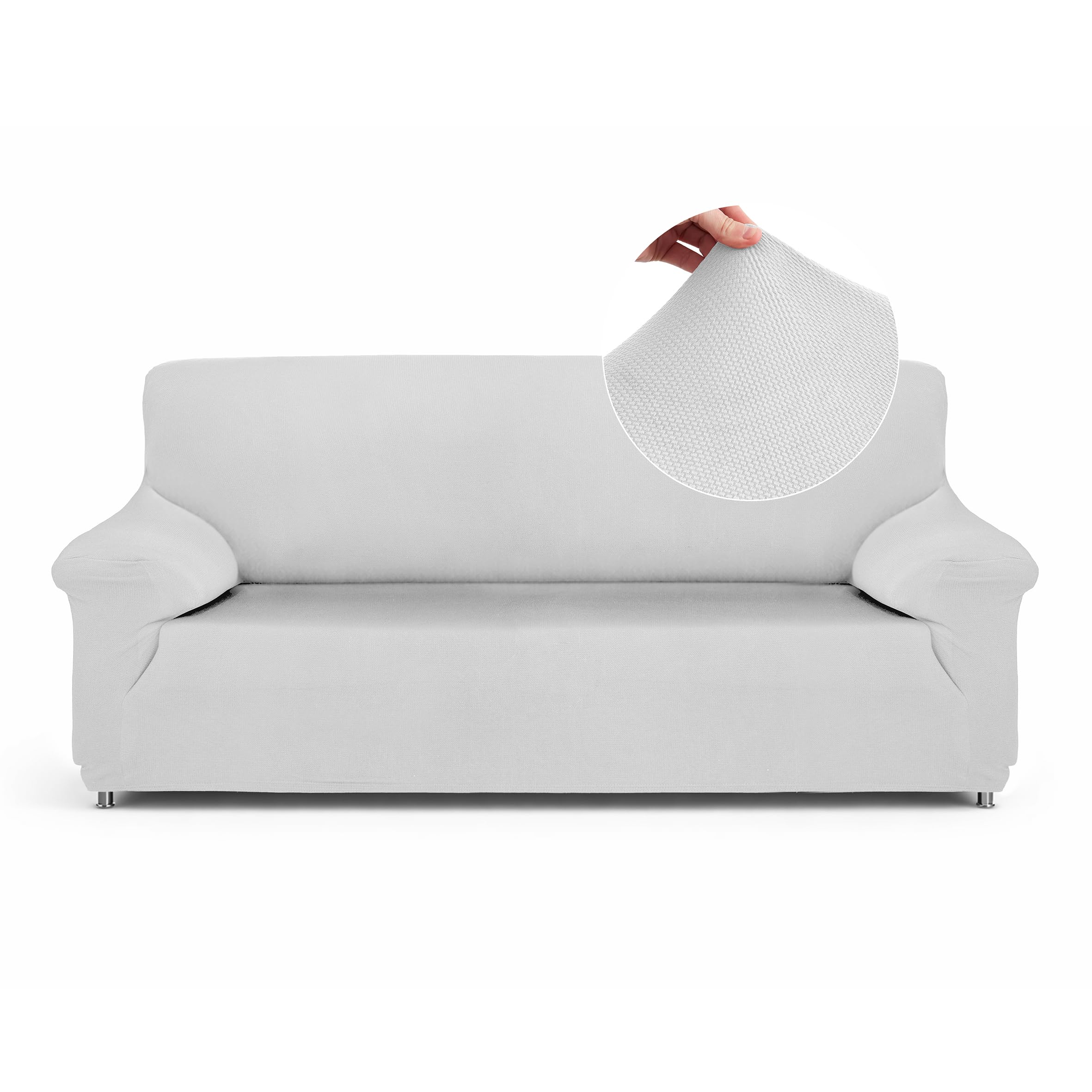 Textilhome TEIDE Elastic Adjustable Sofa Cover, 3 Seater (180-240 cm), Universal Sofa Protector Cover with Non-Slip Foam, White – Protection and Fit OEKO-TEX STANDARD 100