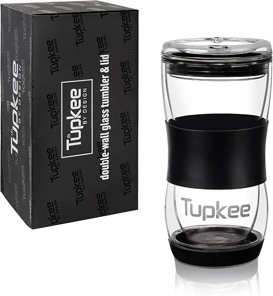 Tupkee 20 oz Double Wall Glass Tumbler With Lid – All Glass Hand Blown Reusable Insulated Travel Mug - For Coffee, Tea, Boba, Iced Coffee, and Smoothie Cup To Go – Black