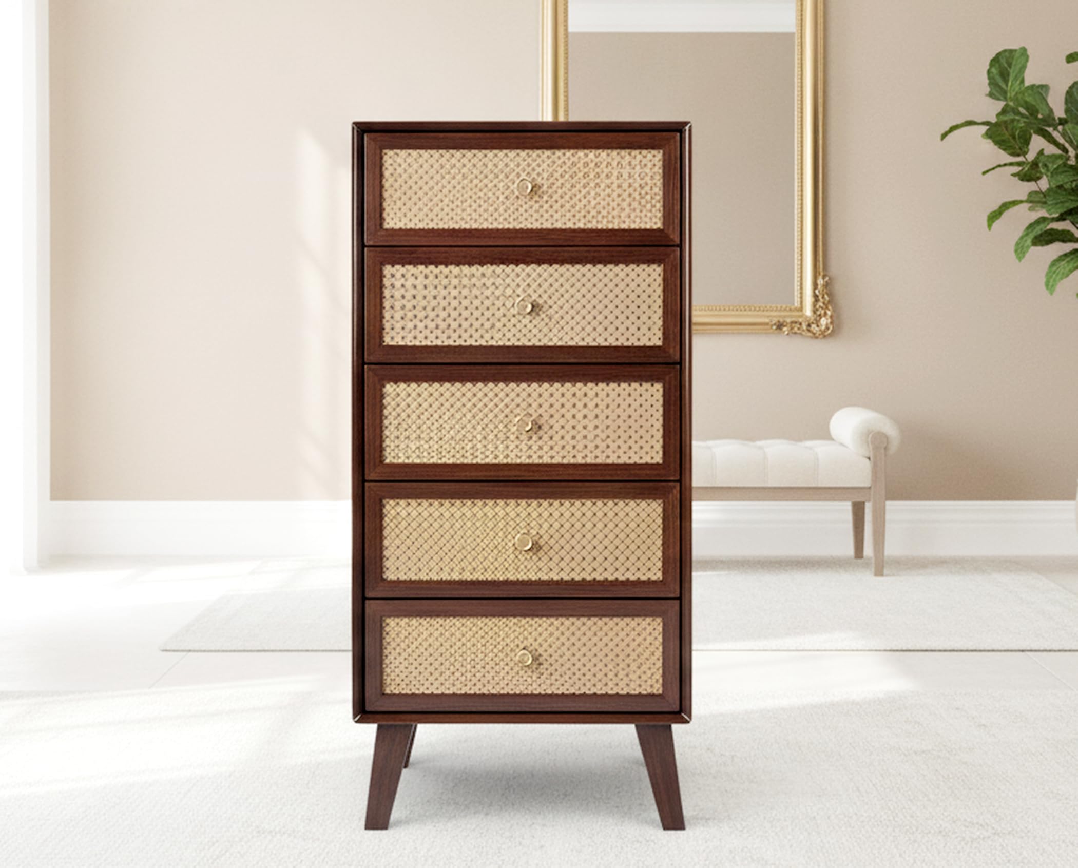 Solid Sheesham Wood Chest of 5 Drawers | Tall Storage Cabinet with Rattan Cane Design | Console Dresser for Bedroom & Living Room | Walnut Finish (DIY-Customer Side Self Assembly)-image-7