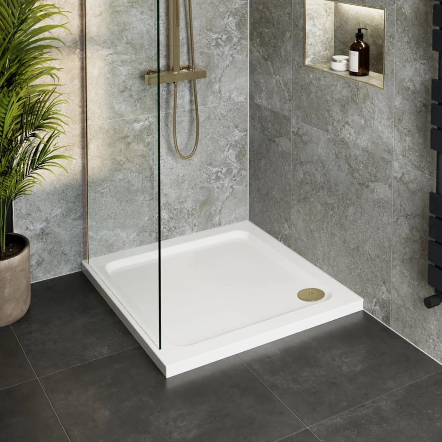 Hydrolux® 800 x 800 x 45mm White Bathroom Low Profile Shower Tray for Enclosures Cubicles & Wet Room with Brushed Brass Waste, Square