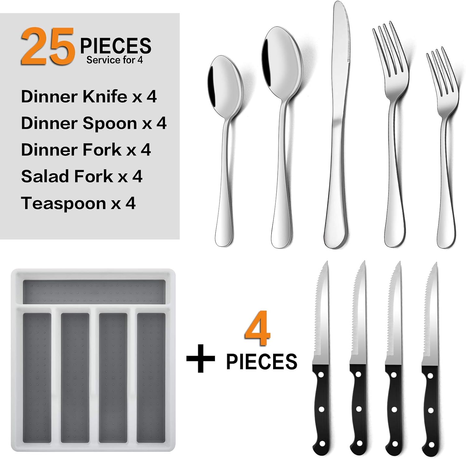 E-far 24-Piece Silverware Set with Organizer Tray and Steak Knives, Stainless Steel Flatware Cutlery Service for 4, Basic Tableware Eating Utensils for Home Kitchen, Mirror Polished, Dishwasher Safe