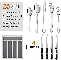 Vista 2 de E-far Juego de cubiertos de 24 piezas con bandeja organizadora y cuchillos para carne, cubiertos de acero inoxidable para 4, utensilios básicos