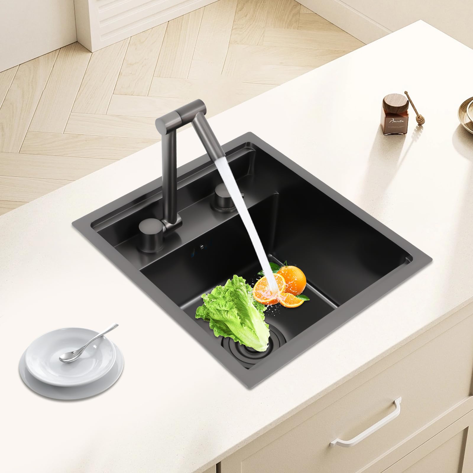 Lavabo de Cocina en Acero Inoxidable 304 con Nanocubrimiento, Fregadero de Encimera con Tapa y Grifo Cerámico, Bajo y Filtro Antiatascos para Cocinas, Bares y Cafeterías, 43x39x23 cm, Negro