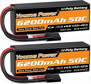 Youme 11.1V Lipo Battery, 3S Lipo Battery 6200mah 50C Hard Case TR Plug for RC Car/Truck/Buggy, RC Boat, Airplane, UAV, Drone(2 Packs)