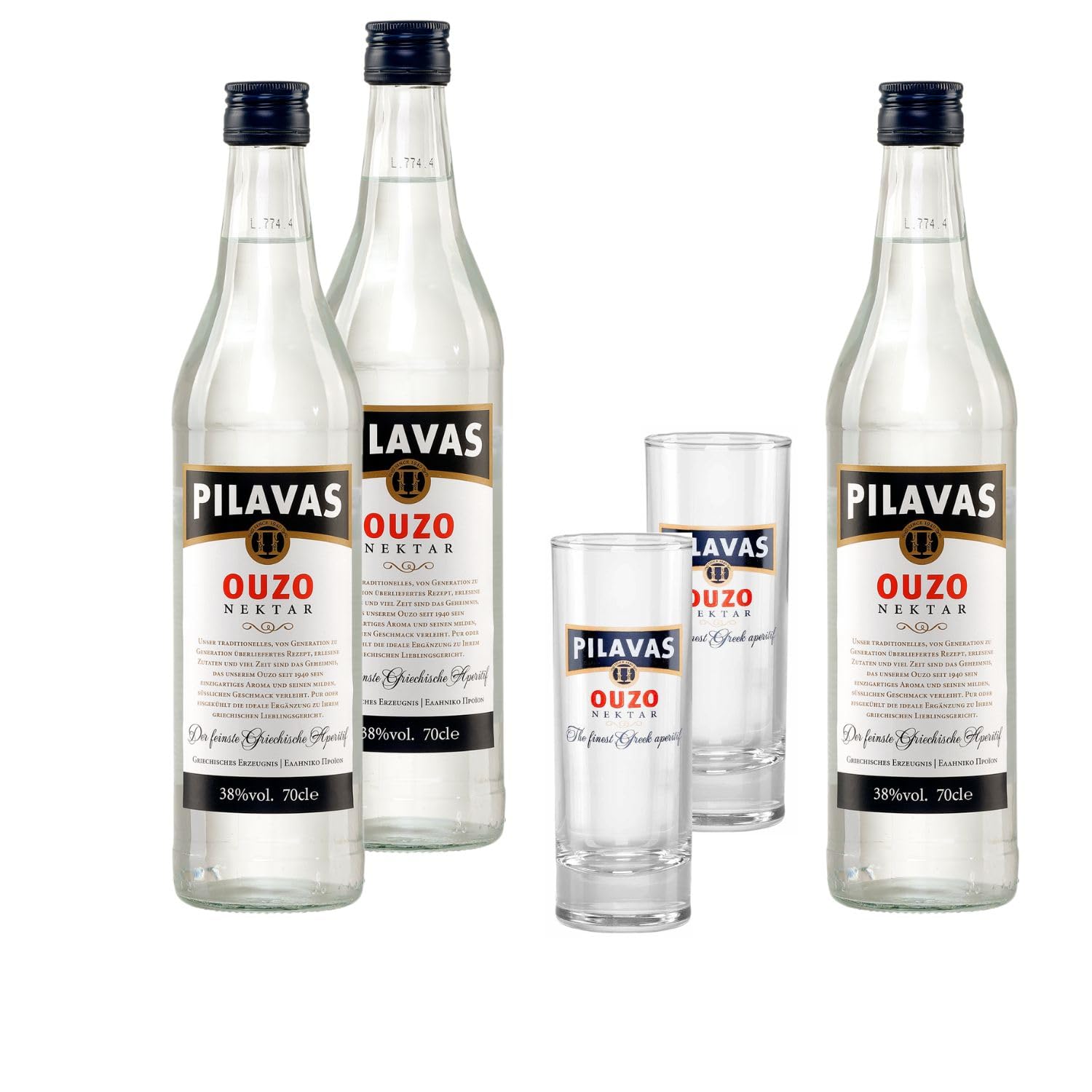 Ouzo Pilavas Nektar 3x 0,7l 38% Vol. plus 2x Pilavas Longdrink Ouzo Glas 18cl | + 20ml Jassas Olivenöl