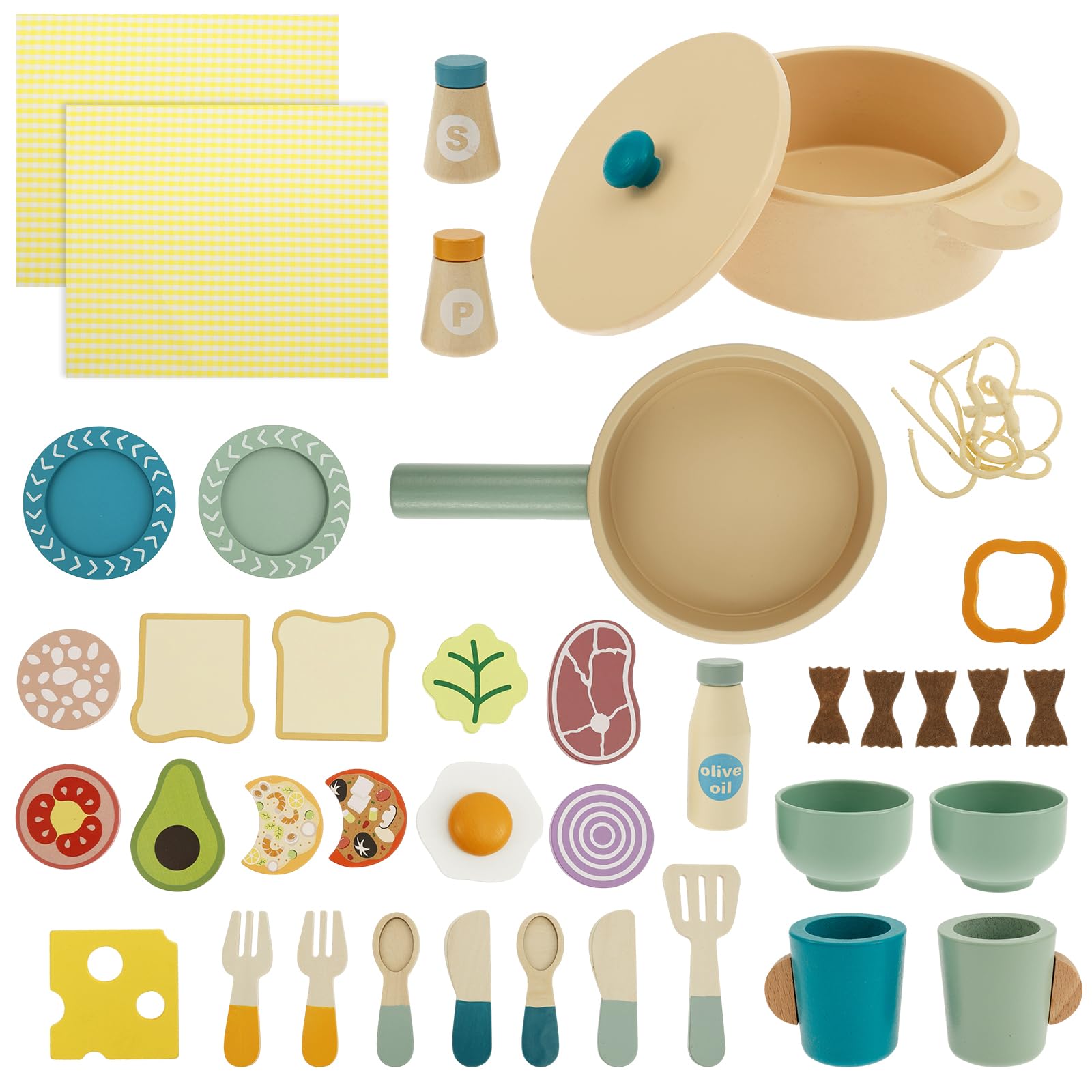 Wooden Play Cooking Set, 37 PCSKids Pretend Play Kitchen Accessories Toys Set for Kids Toddlers, Including Play Dishes, Pot and Pan, Utensils, Gifts for 3 4 5 Years Old Girls Boys