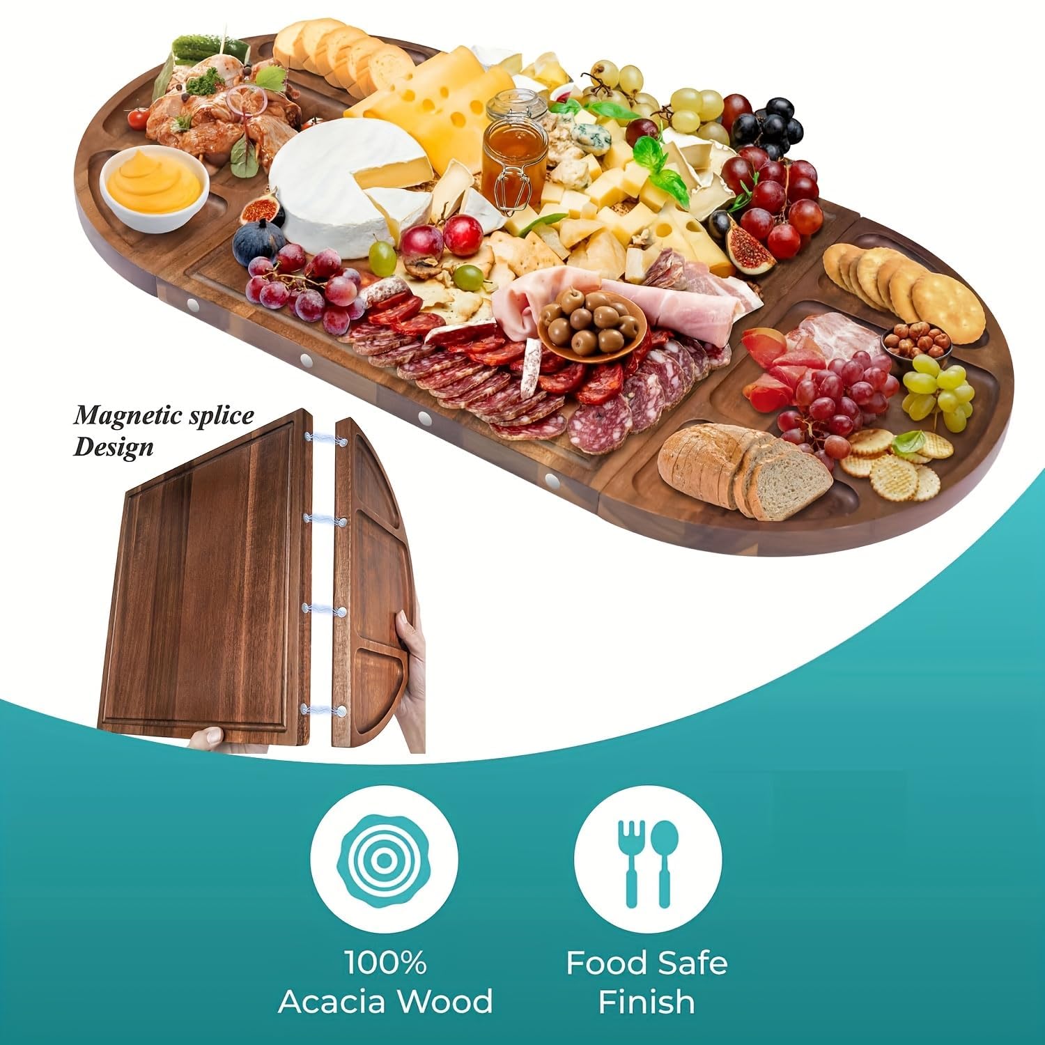 Juego de tablas grandes de madera de acacia de 66 cm x 33 cm con 5 cuchillos de queso y bandeja magnética de 3 secciones, perfecto para despedidas de soltera, inauguraciones de casa y regalos de boda