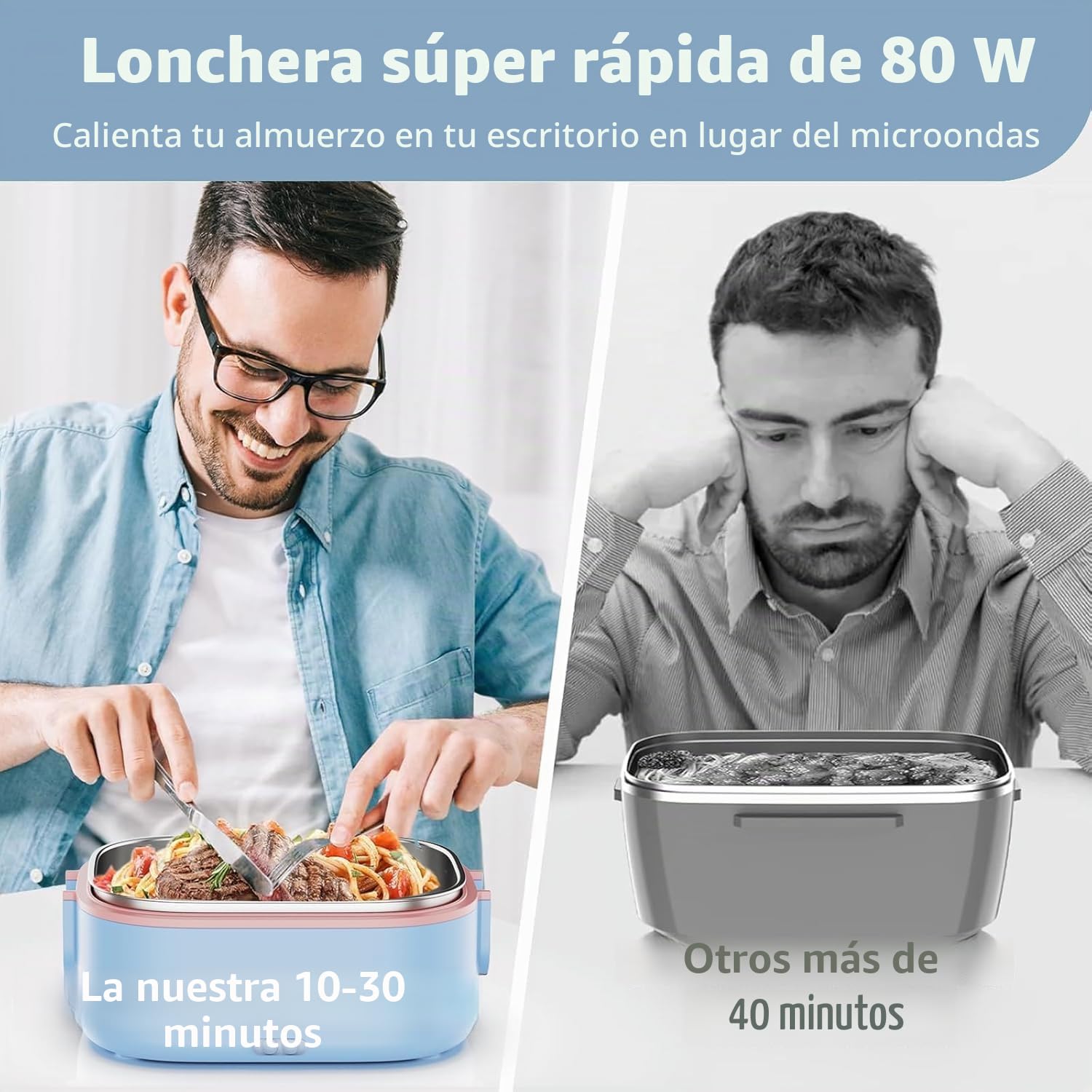 Fiambrera Electrica, 80 W 1.5 L Calentador Comida, 12 V/24 V/220 V,3 en 1 Lancheira Portatil Rápida Aquecedor, para Coche, Camión, Oficina, Azul