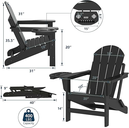 Miniatura 7 de Juego de 2 sillas Adirondack plegables de polietileno de alta densidad con portavasos multifuncional, resistente a la intemperie, para porches,
