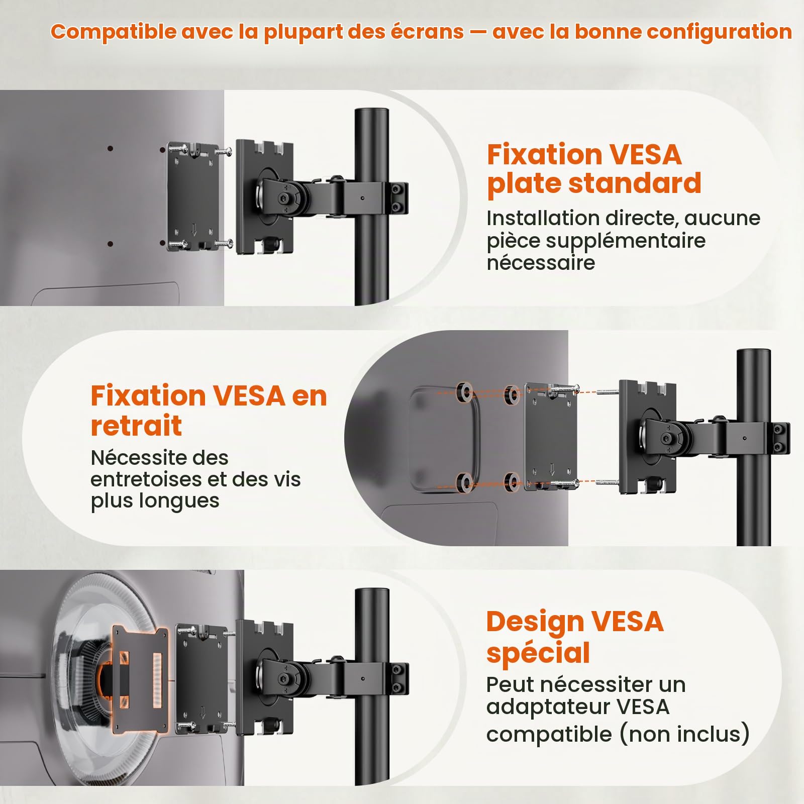 Support Triple écran 49/32 Pouces, VESA 75/100, 20kg
