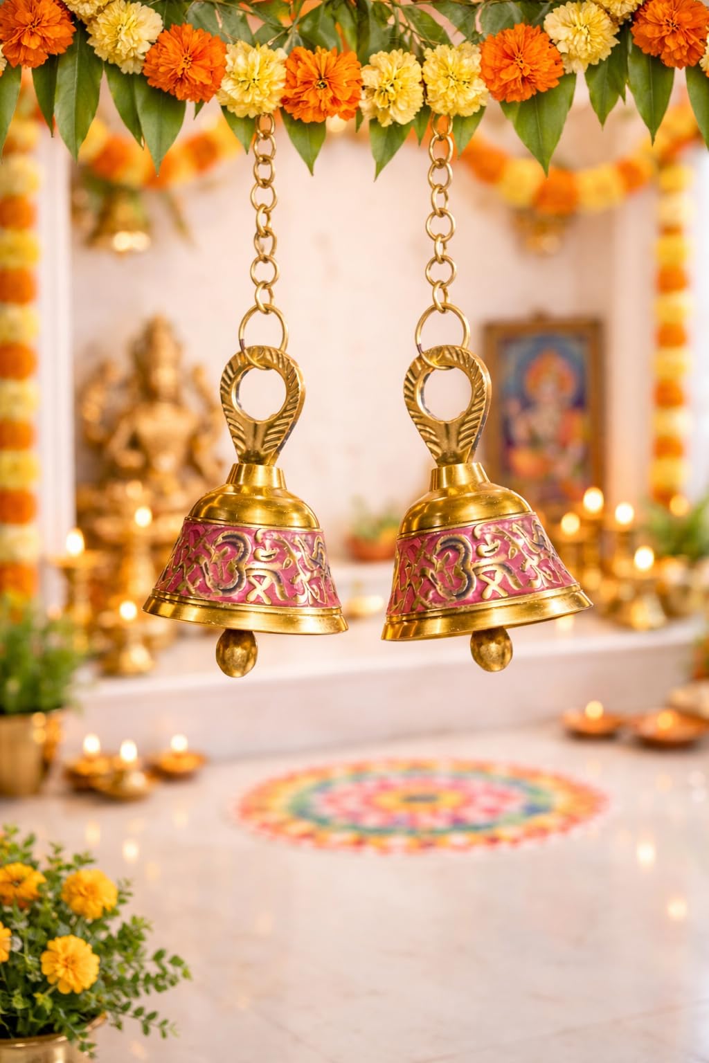 Loopysky Handcrafted Brass Pooja Bells Set of 2 – Pink Hanging Ghanti with Antique Finish, 4L x 2W Inch – Temple & Home Decor Showpiece