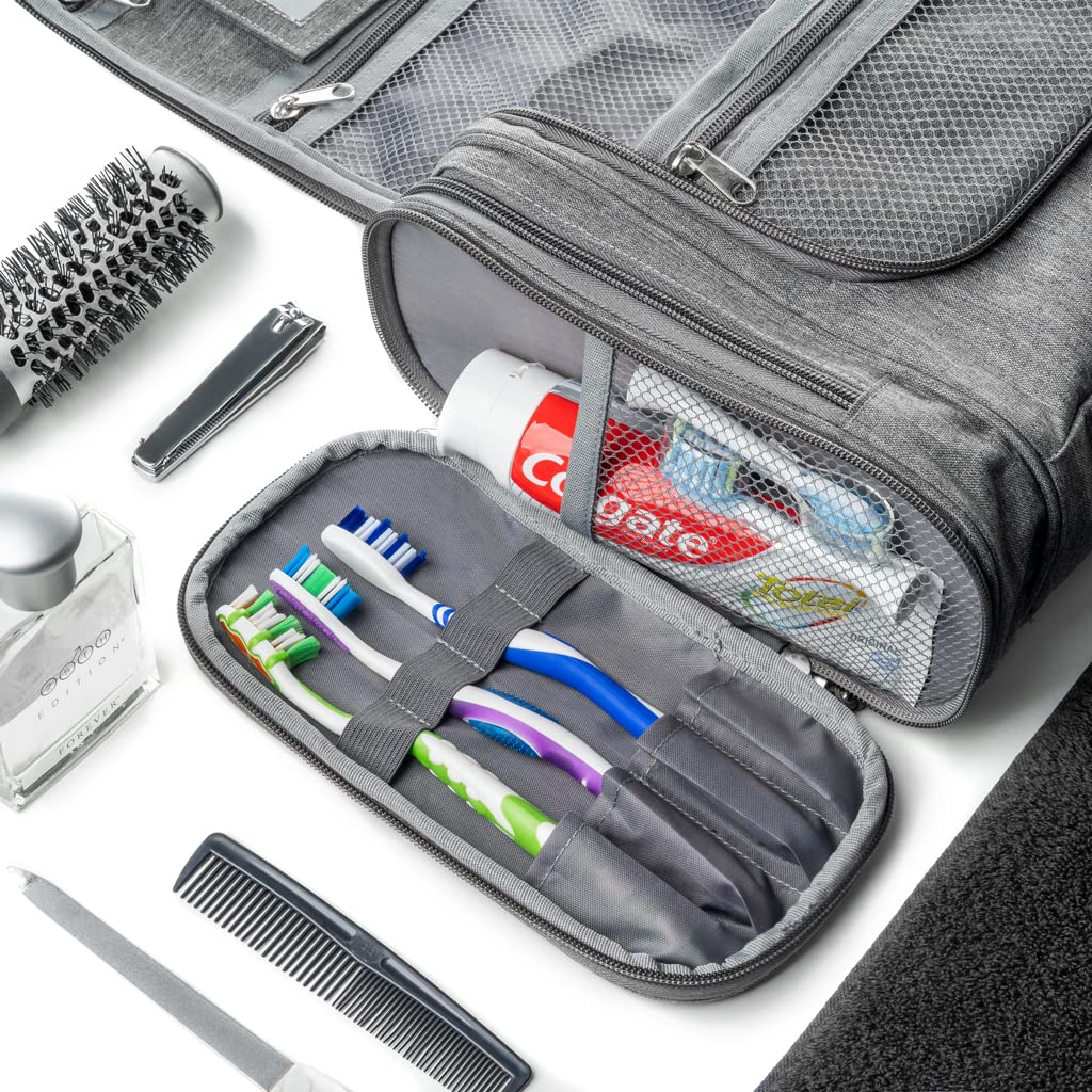 Obics Kulturbeutel Herren & Damen Gross grau 8L XL - Kulturtasche zum Aufhängen & mit Spiegel - Toiletten-Tasche mit Henkel hängend - Kosmetik-Beutel groß - Waschtasche 10 Fächer für Camping Reisen
