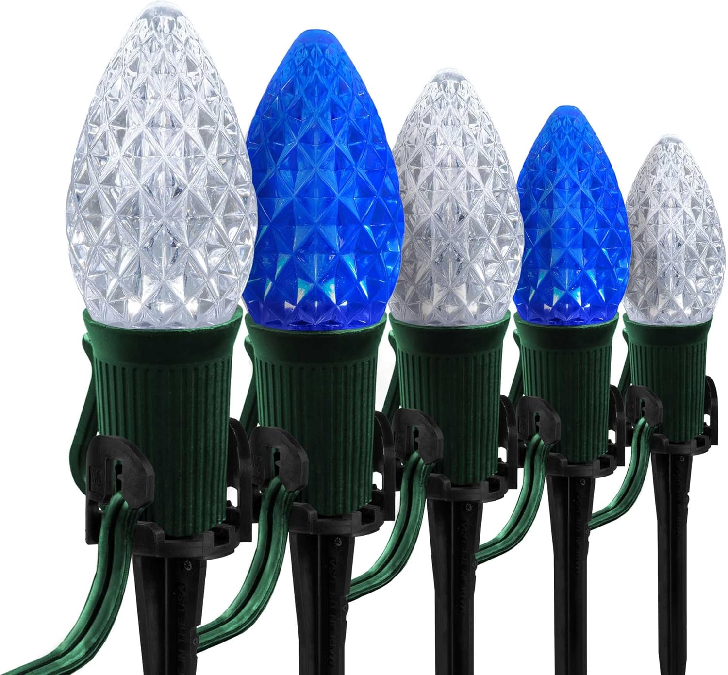 Wintergreen Lighting 100 OptiCore LED C7 Blue and White Christmas Pathway Lights, C7 Outdoor Landscape Lights, 5 Stakes, Green Wire