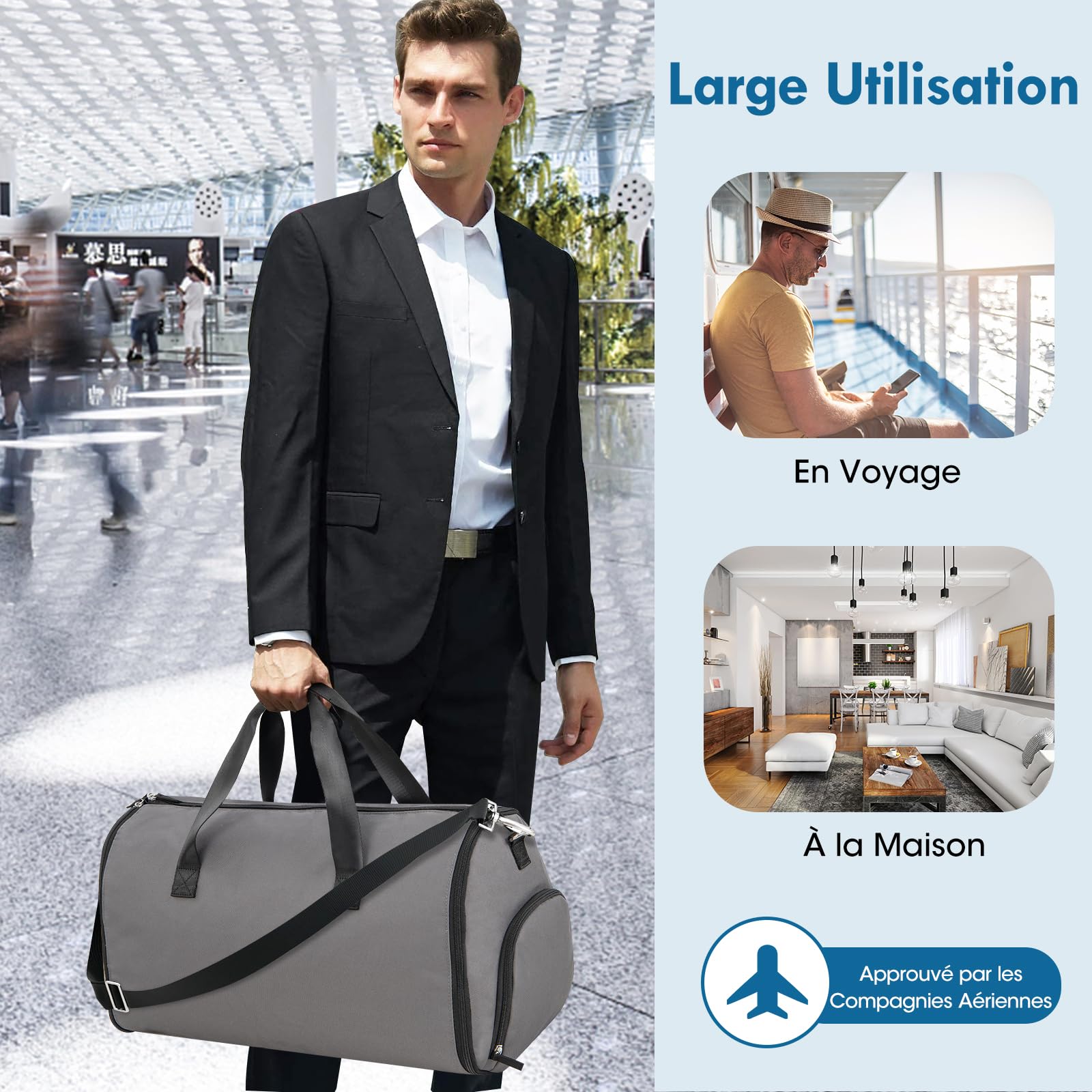 GOPLUS Sac à Vêtements, Sac Polochon 2-en-1 avec Poche à Chaussures, Poche à Cravates, Poche à Passeport et Sangle Amovible, Valise Suspendue de 50L pour Voyages d'affaires et de Loisirs (Gris)