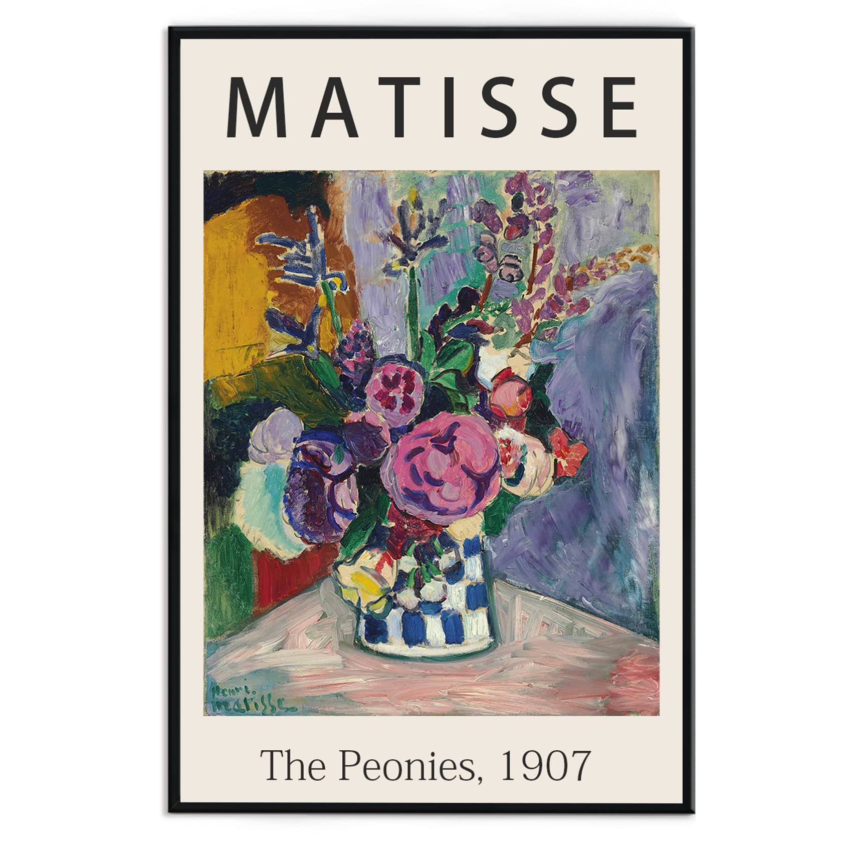 Matisse Wall Art Framed Canvas Print The Peonies,1907 Famous Paintings,Matisse Colorful Peony Flower Illustration Canvas Print Artwork for Living Room, Bed Room, Office-12x16in Black Framed