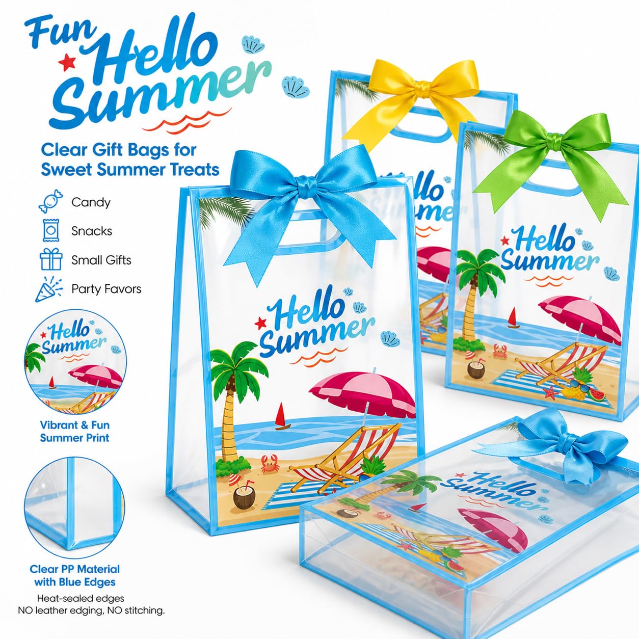 28Pcs Hello Summer Clear Gift Bags, Clear Beach Bag with Handles Ribbon Bows, Pool Party Favor Bag Hawaiian Goodie Candy Snack Treat Bag for End of School Year Summer Birthday Pool Beach Party Supply