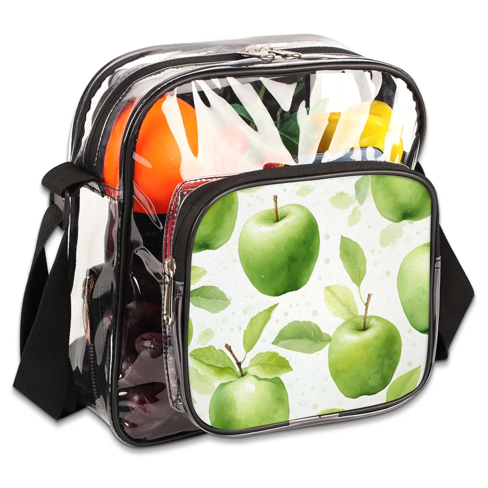 Clear Crossbody Bag Stadium Approved Green Apples Transparent Bag for Festivals, Sports Events, Concerts,Beach Bag for Women Men Clear Purse with Front Pocket Messenger Bag with Adjustable Strap