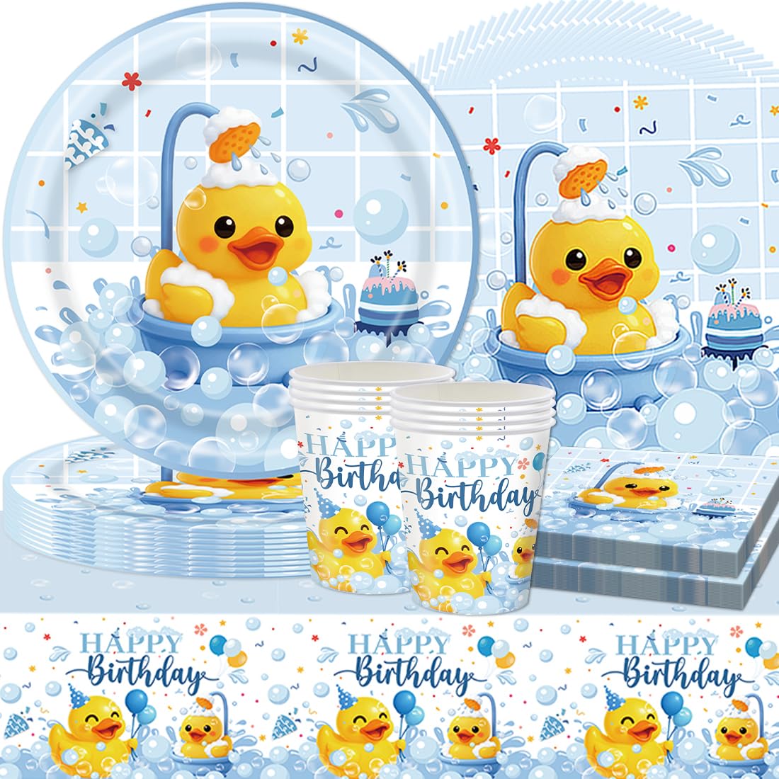 61 Pezzi Decorazioni Compleanno Paperella Gialla,Stoviglie per Feste Animali Anatra,SANYUANHE Festa per Bambini Duck,Tema Animali Piatti Tazze Tovaglioli Tovaglie