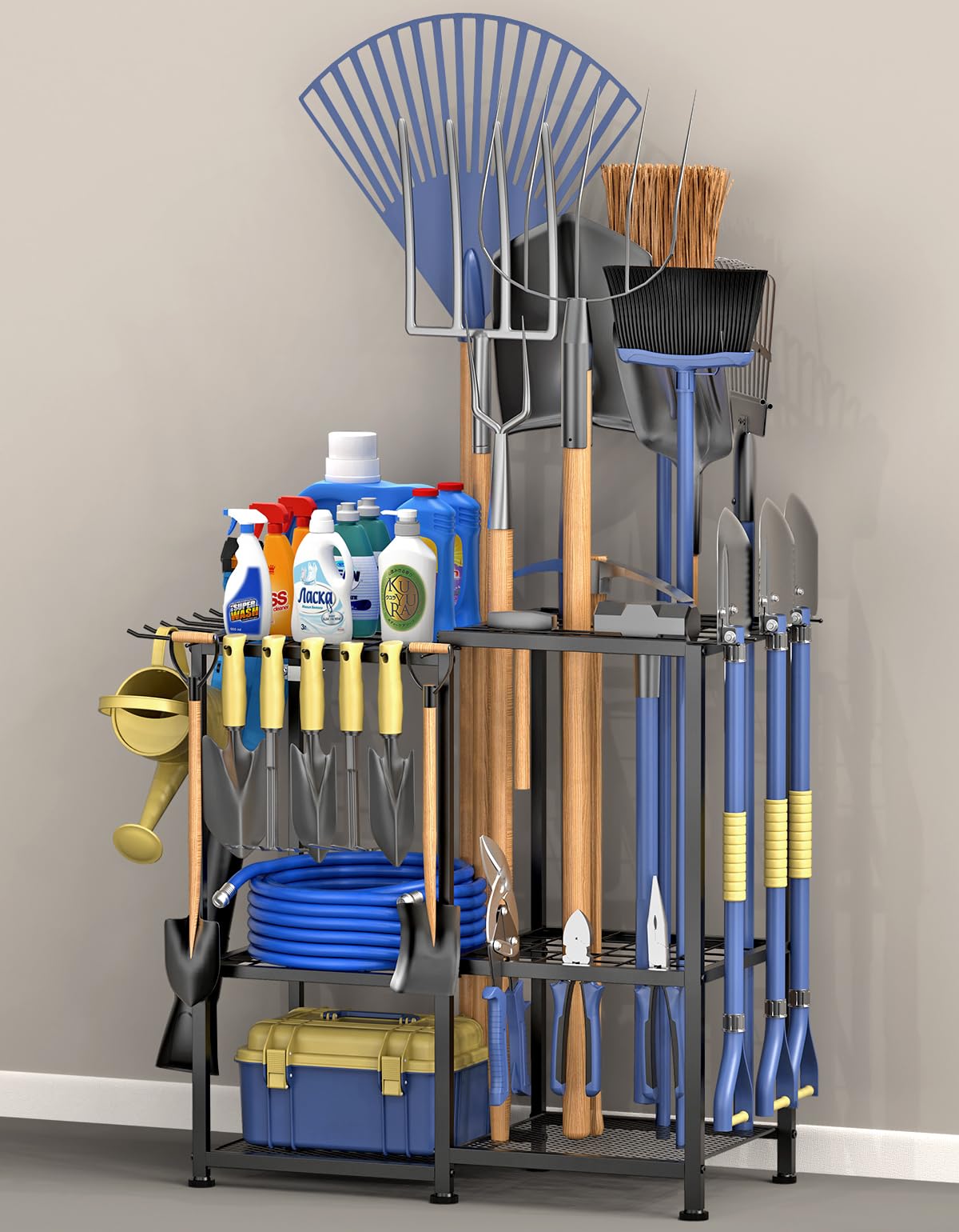 Garden Tool Organizer, Metal Yard Tool Organizer,Holds 70 Long-Handled Tools/Rakes/Brooms,Side Garden Pocket,Heavy Duty Steel Yard Tool Storage Rack for Garage,Shed, Outdoor(Black-Large)