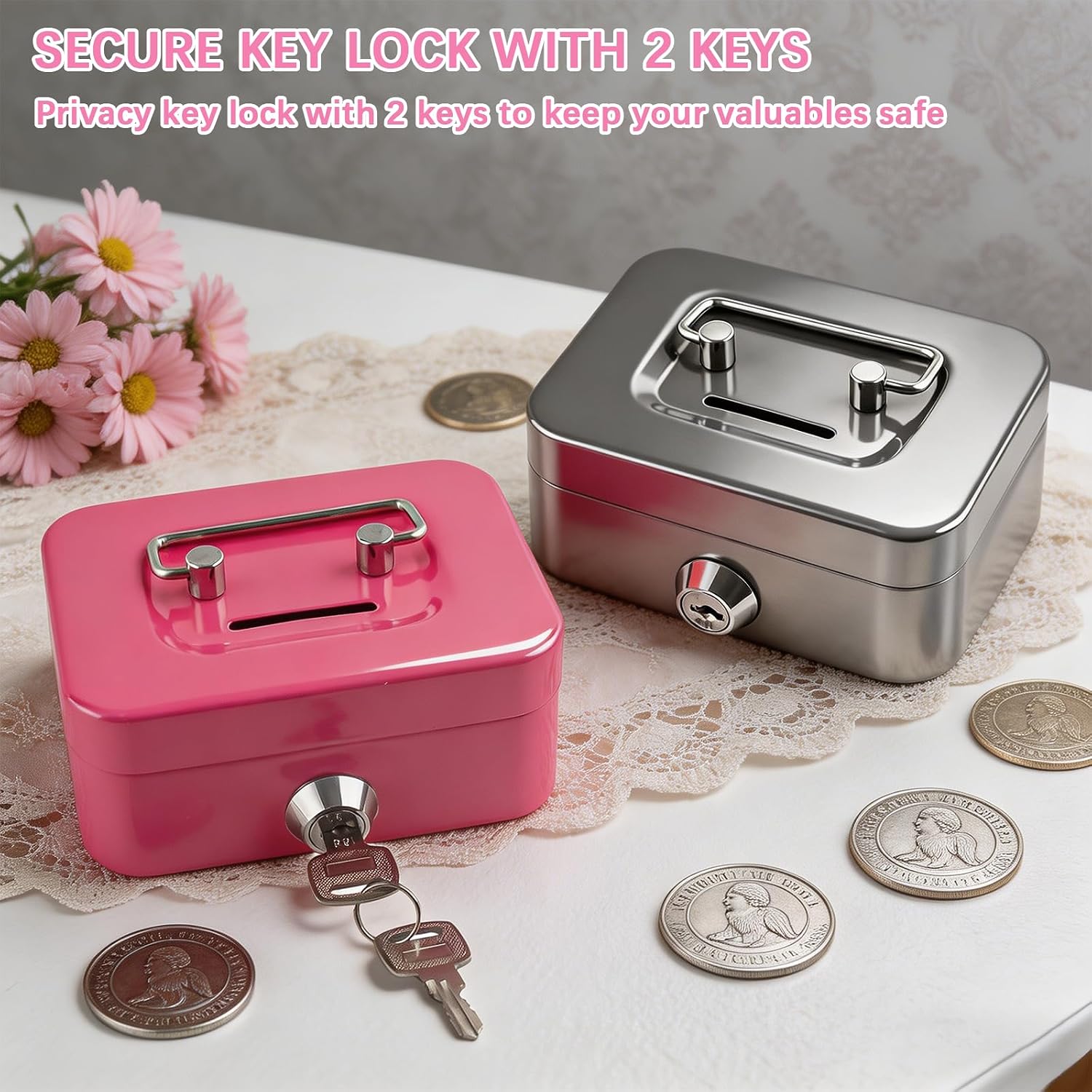 4 Pieces Money Box Cash Box with Lock and Slot Steel Organizer Piggy Bank Metal Coin Bank Gifts for Christmas New Year, Without Money Tray(Black, Green, Gray, Pink)