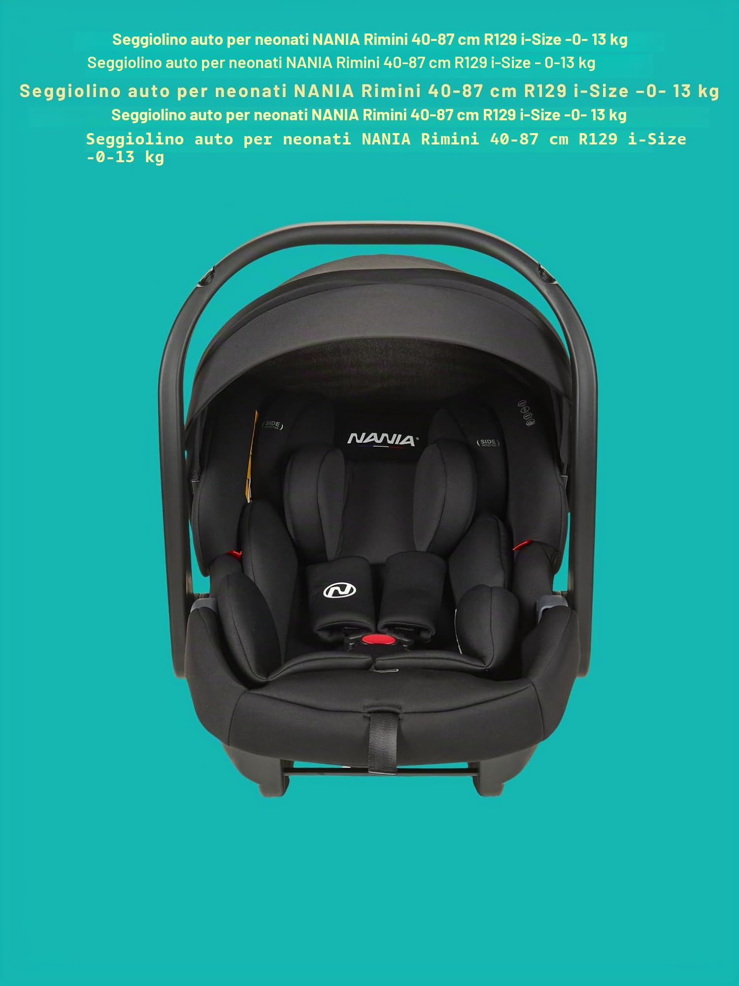 NANIA Rimini, seggiolino auto per bambini, 40-87 cm, R129 i-Size, dalla nascita a 13 kg, scafo Gruppo 0+, poggiatesta regolabile, protezione laterale, inserto lombare e riduzione, base isofix o