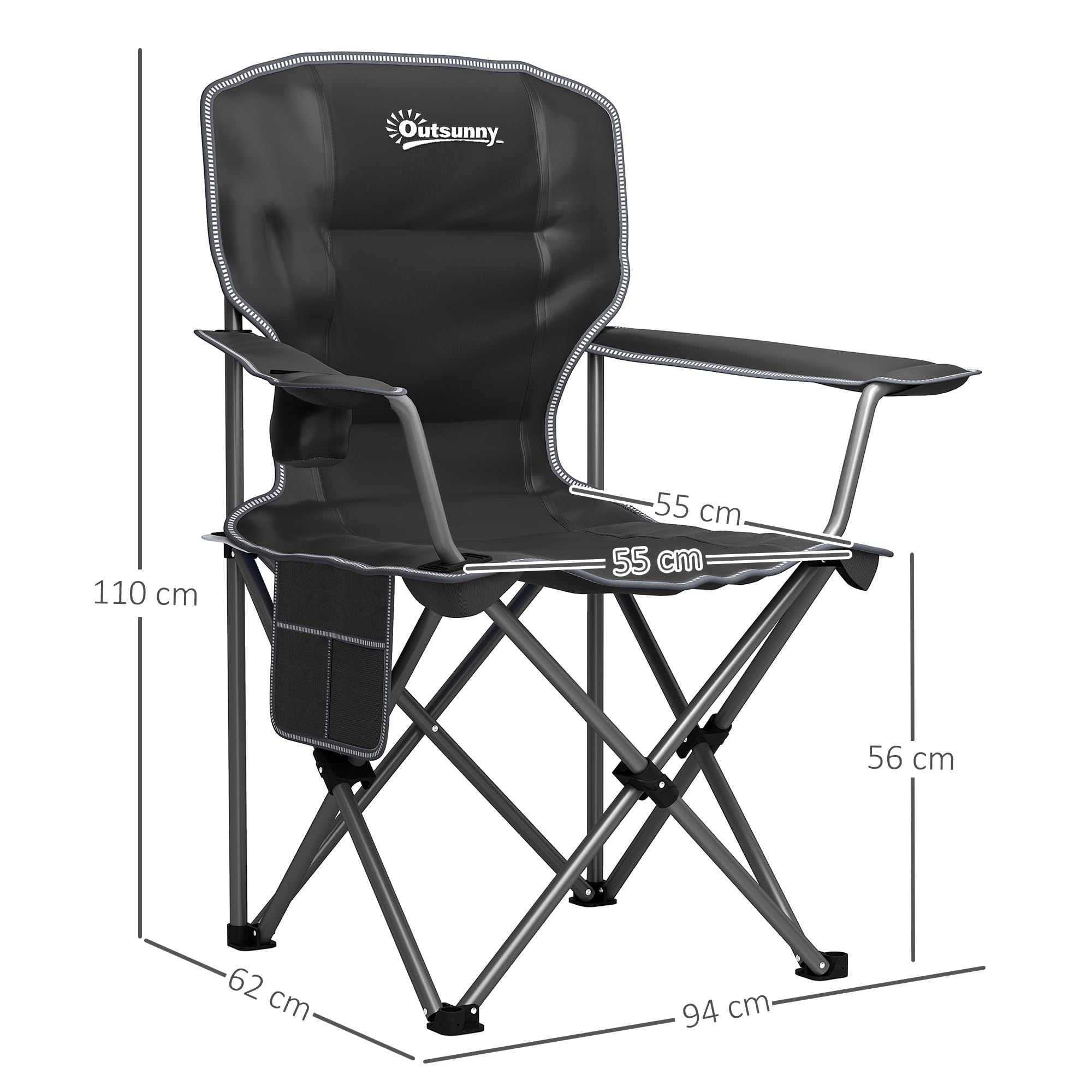 Outsunny Chaise Pliante Camping, Chaise de pêche Portable, siège rembourré, Porte-gobelets, Poches latérales et Sac de Transport, Fauteuil Pliant pour randonnée, pêche, Plage et Pique-Nique, Noir