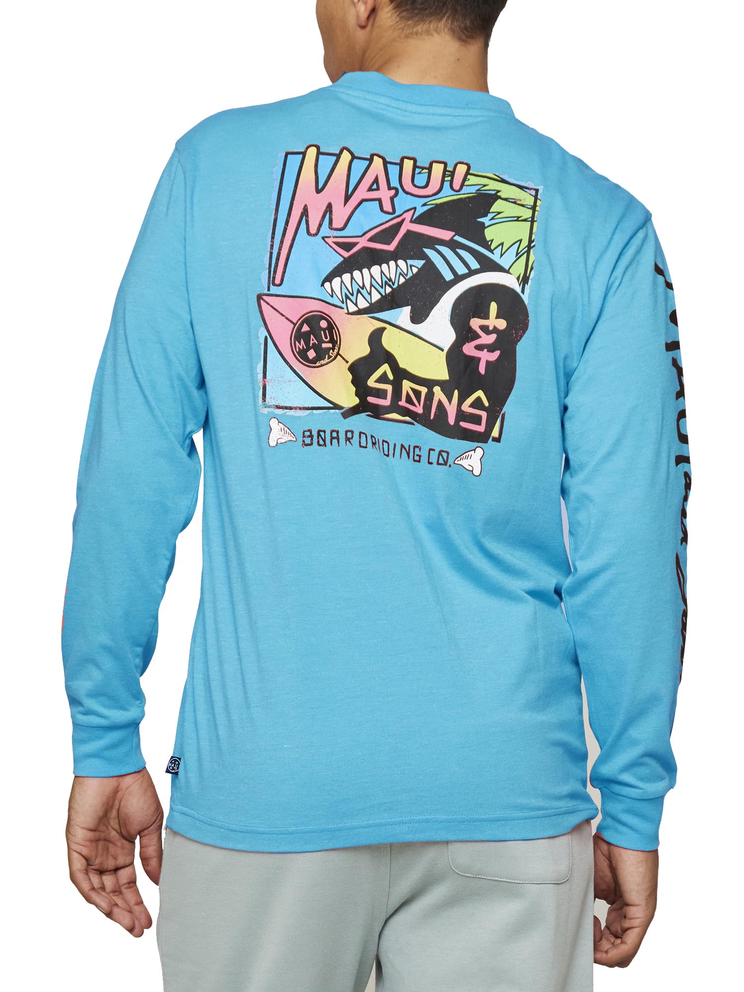 Maui & SonsMaui & Sons Men's Long Sleeve T-Shirt, Shaka and Sons Shark and Logo Design - Crewneck Long Sleeve T Shirts for Men, Surfing