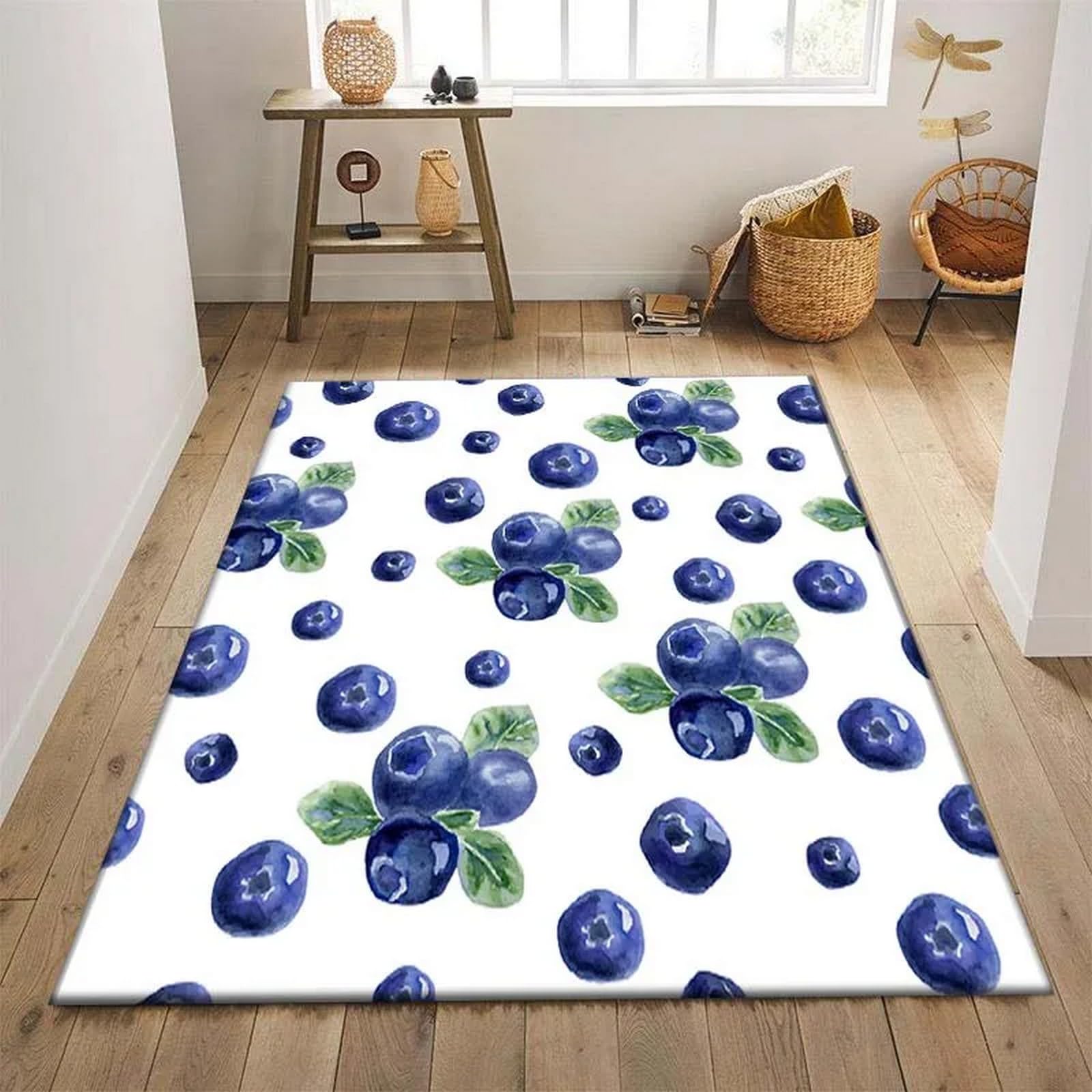 Tapis de couloir moderne 120x160 anti-glisse motif myrtille pour chambre et salon