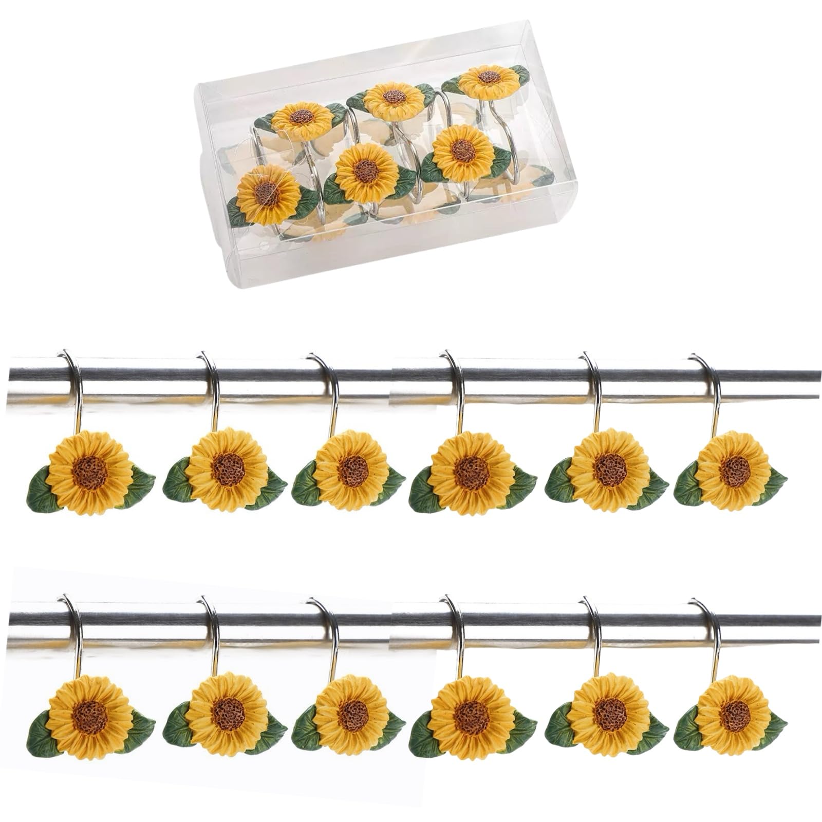 Sunflower Shower Curtain Hooks Decorative 12 pcs,Suitable for Straight or Curved Rod of Diameter 0.8